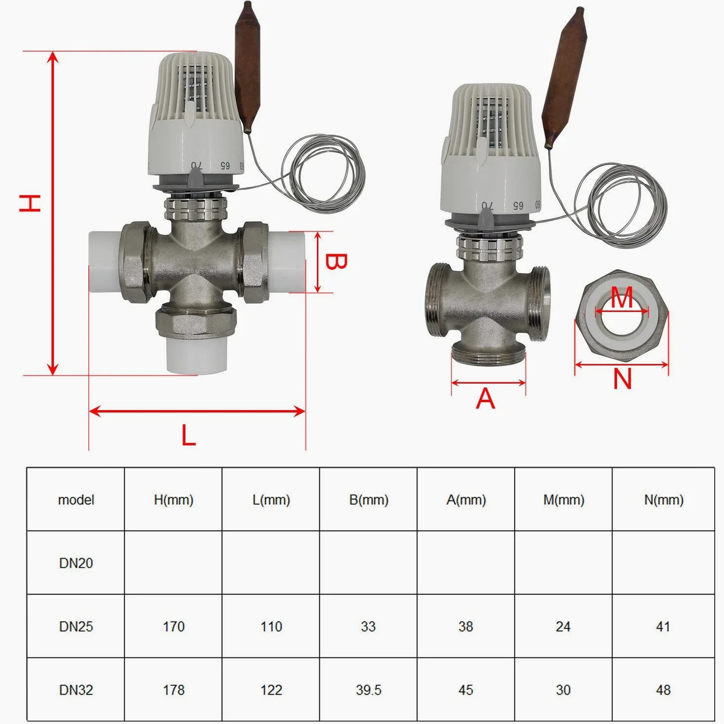 Oszczędność energii 30-70 stopnia System ogrzewania podłogowego termostatyczny Zawór chłodnicy M30 * 1.5 Zdalny sterownik 3 Way Valve PPR (Specification : DN20)