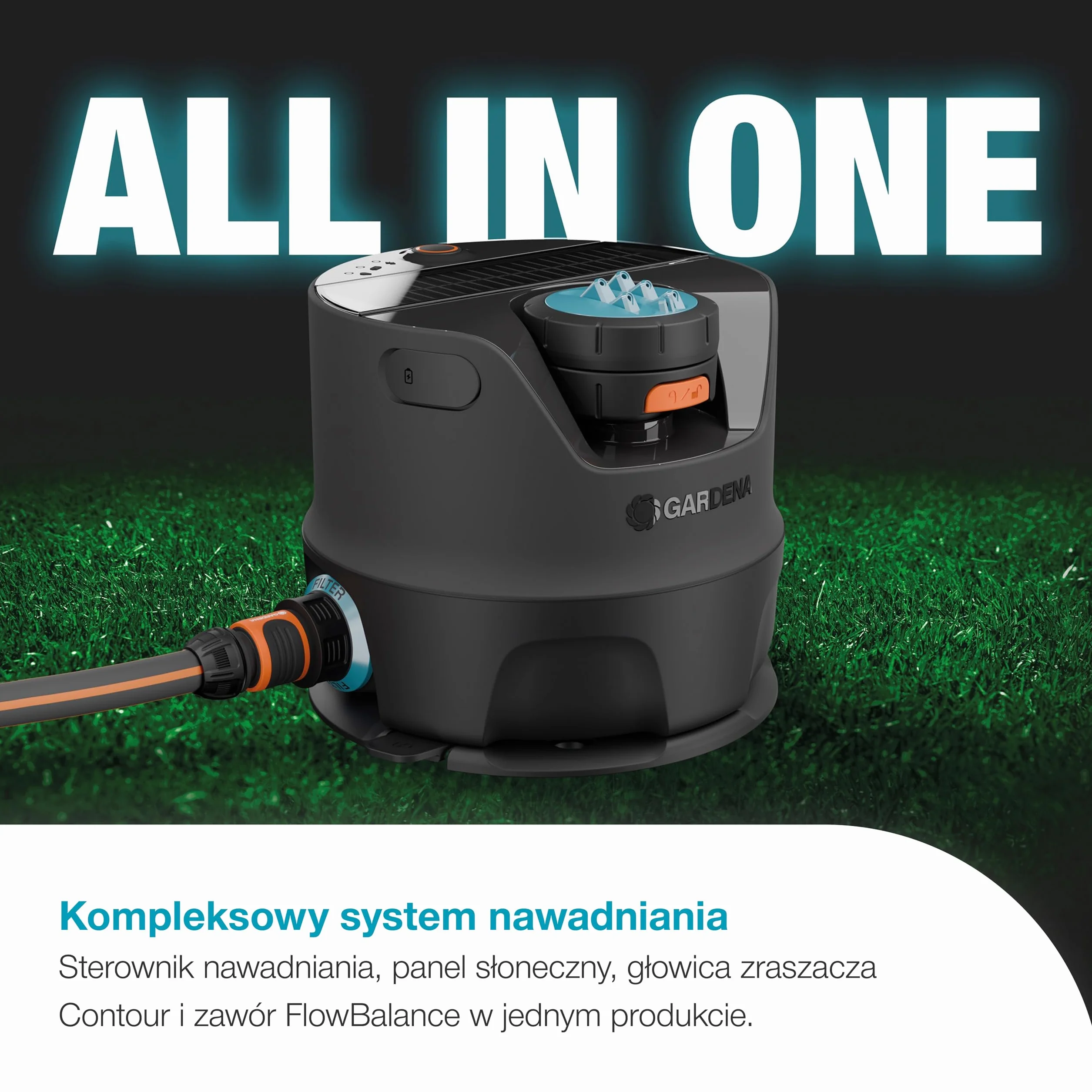 Gardena System nawadniania AquaPrecise, zasilany energią słoneczną, do trawnika