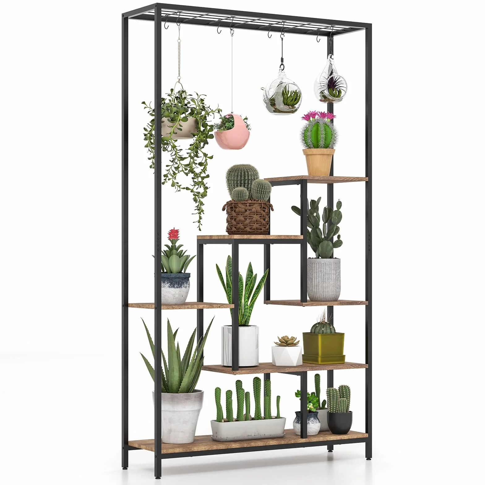 GOPLUS 6-piętrowy stojak na rośliny z wiszącym regałem i 10 hakami 100 x 30 x 180 cm