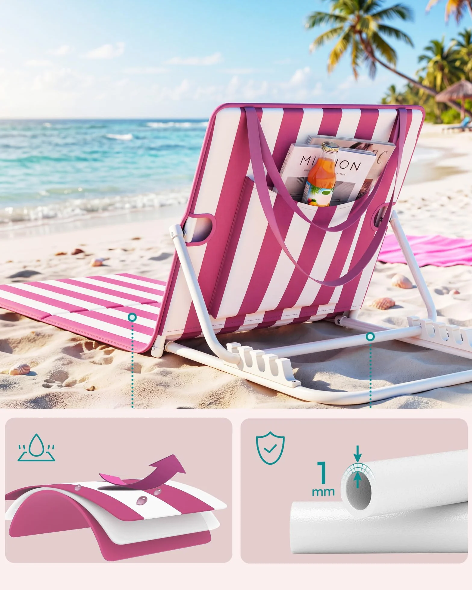 SONGMICS Krzesło plażowe składane 2 szt. 158x55 cm różowo-białe paski
