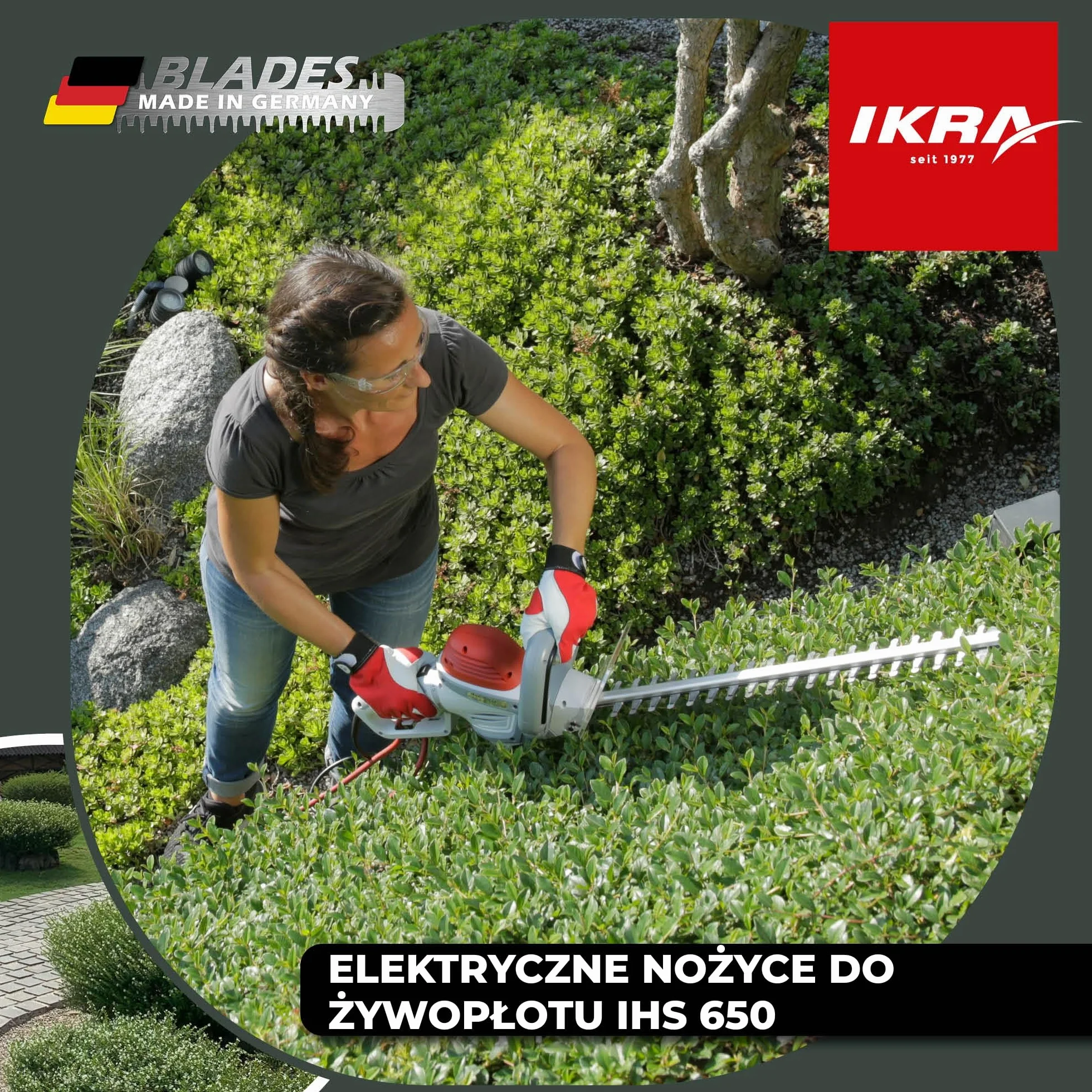 IKRA nożyce do żywopłotu elektryczne IHS 650 650W 55cm 22mm 180° uchwyt skrętny