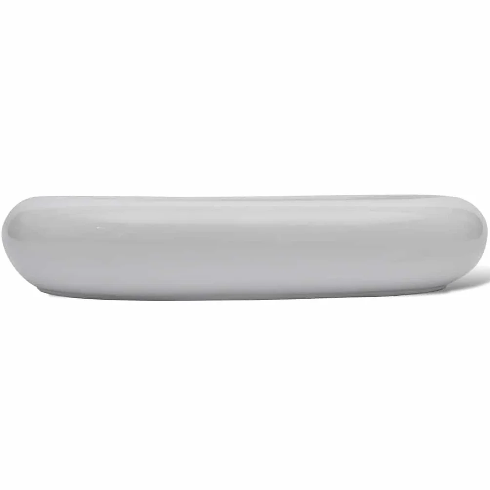 Ceramiczna umywalka owalna biała z zestawem baterii mieszającej | Wykończenie na wysoki połysk, otwór odpływowy 4,5 cm, konstrukcja z mosiądzu, chromowana powierzchnia, akcesoria montażowe