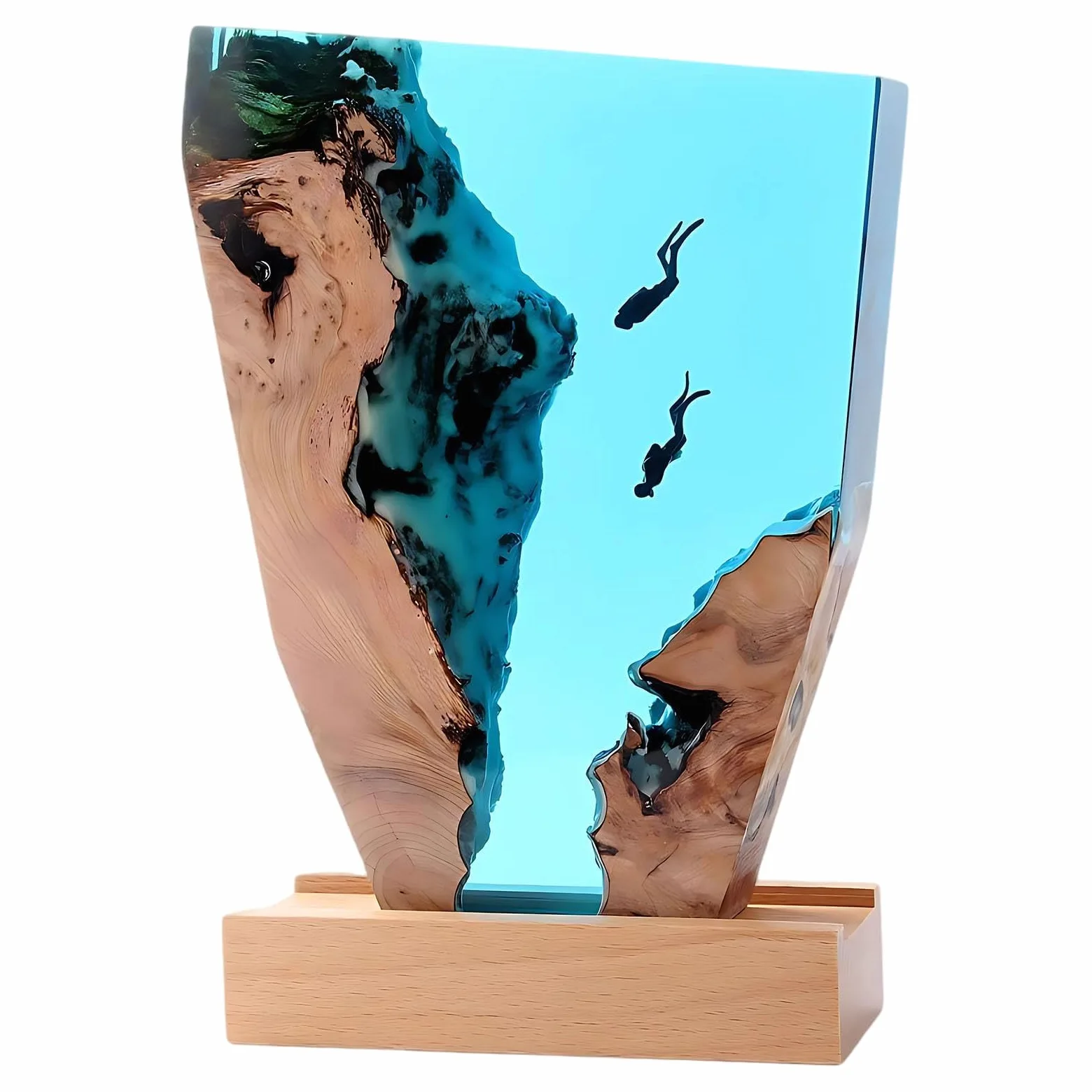 Lampka nocna, statuetka morska, dekoracja, lampa 3D, żywica epoksydowa, ocean, lampka nocna z kablem USB i drewnianą podstawą, do domu, biura, dekoracja na Boże Narodzenie, 18 x 11