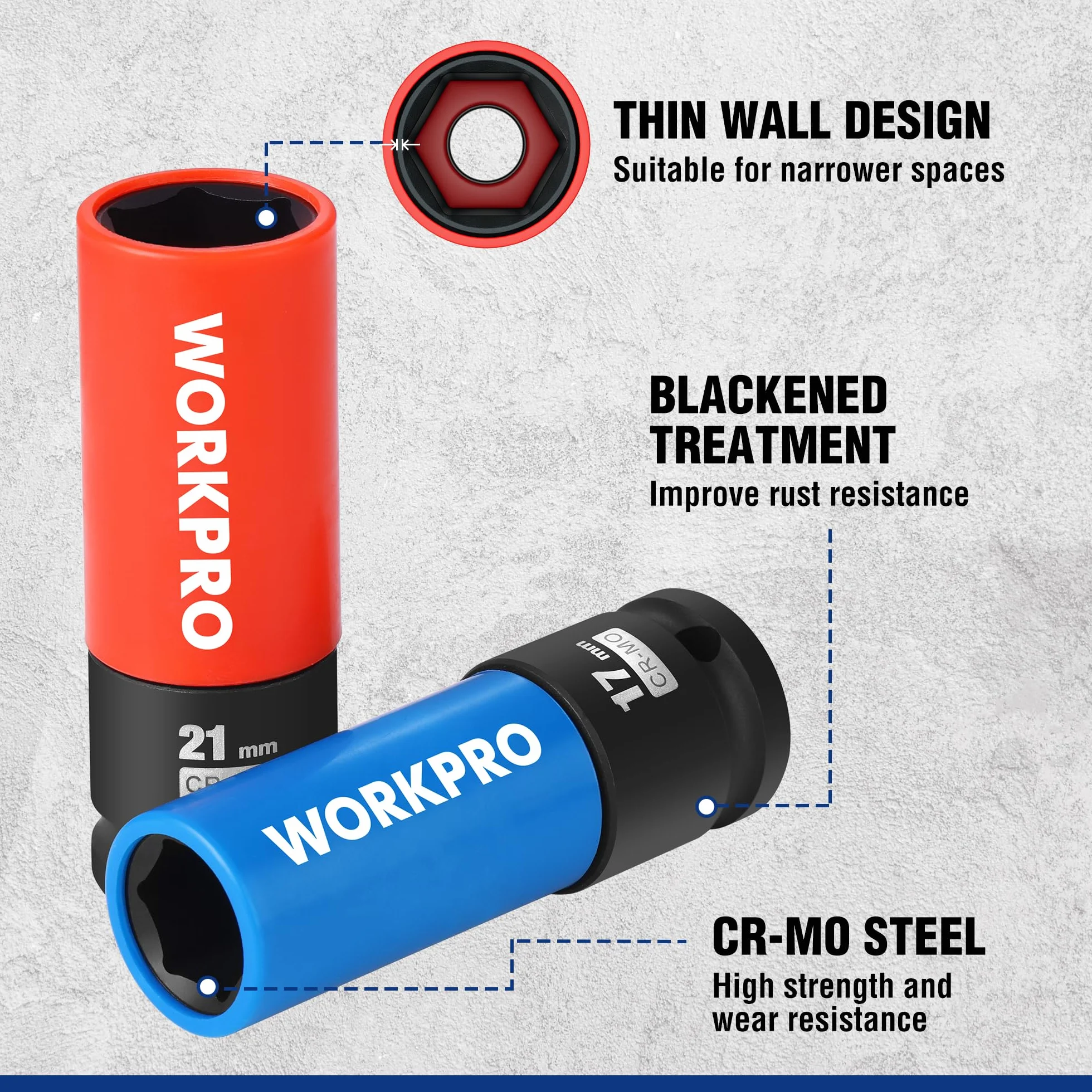 WORKPRO Zestaw nasadek udarowych 1/5.1 cm, 3 szt. cienkościennych nasadek nasadowych, metryczne ochronne gniazdo nakrętki koła 17 mm, 19 mm, 21 mm, z pudełkiem do przechowywania, stalowe gniazda Cr-Mo