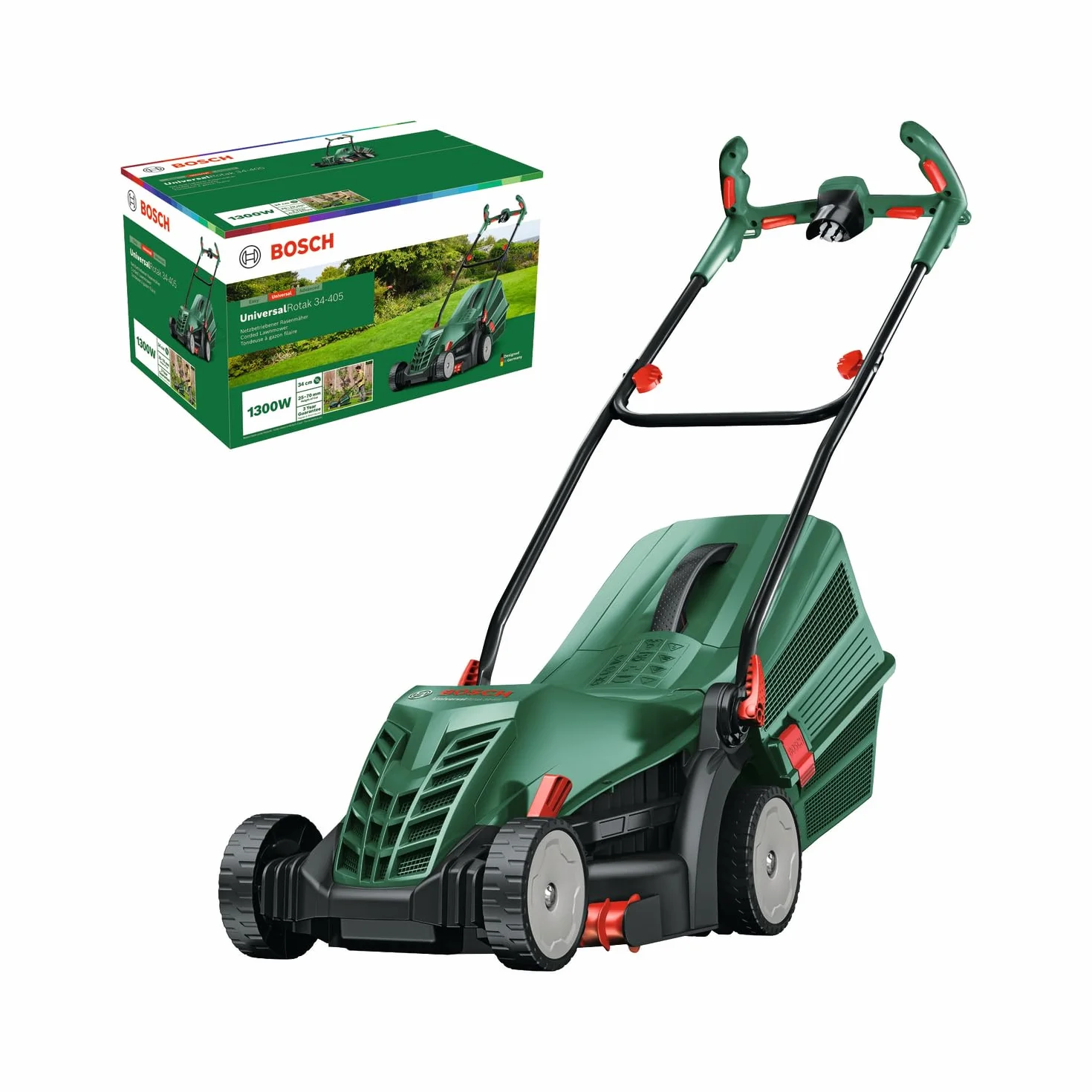 Bosch Kosiarka sieciowa UniversalRotak 34-405 (silnik 1 300 W, szerokość cięcia: 34 cm, zbiornik na trawę 40 l, do równomiernego koszenia trawników oraz do precyzyjnego koszenia przy krawędziach)