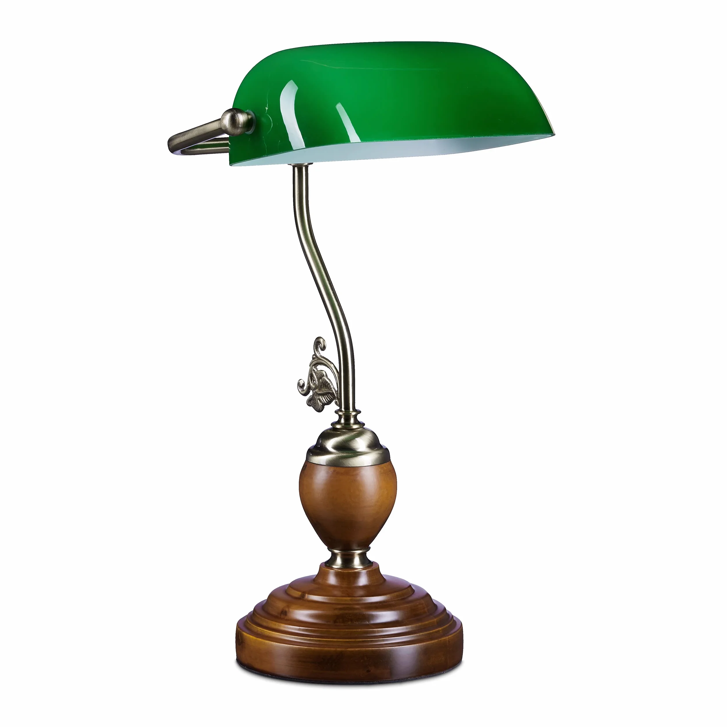 Relaxdays Lampa bankierska drewniana nóżka zielona klasyczna lampa biurkowa – retro lampa stołowa o wyglądzie mosiądzu i łukowate zdobienia z lat 30. – drewno Gals Metal – 26,5 x 43 x 18 cm – E27