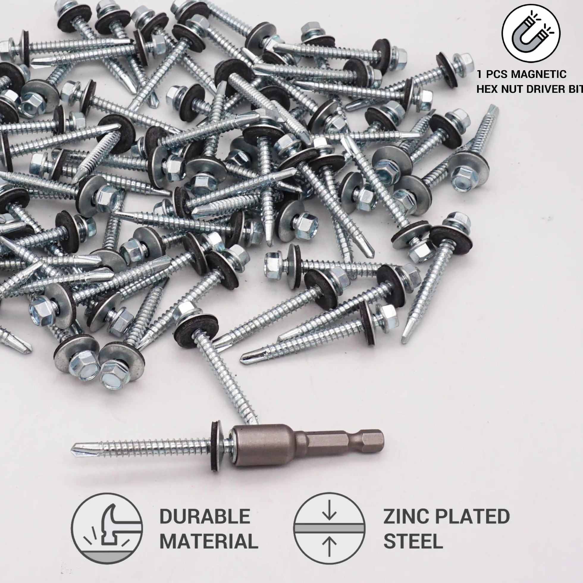 SKIR'CO (80 szt.) Wkręty dekarskie ocynkowane 5,5 x 50 mm, łeb sześciokątny, wkręty samowiercące DIN 7504-K z podkładkami uszczelniającymi EPDM