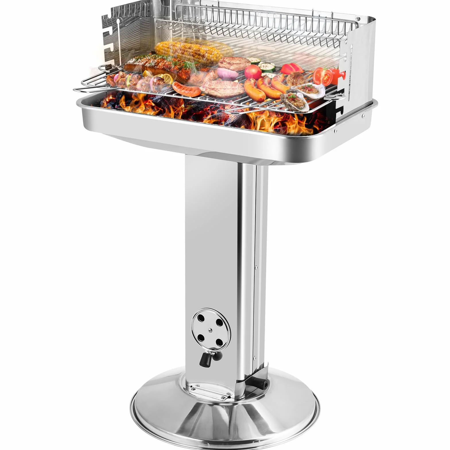 Grill na węgiel drzewny ze stali nierdzewnej, kolumnowy, z regulacją wysokości, kosz do przechowywania