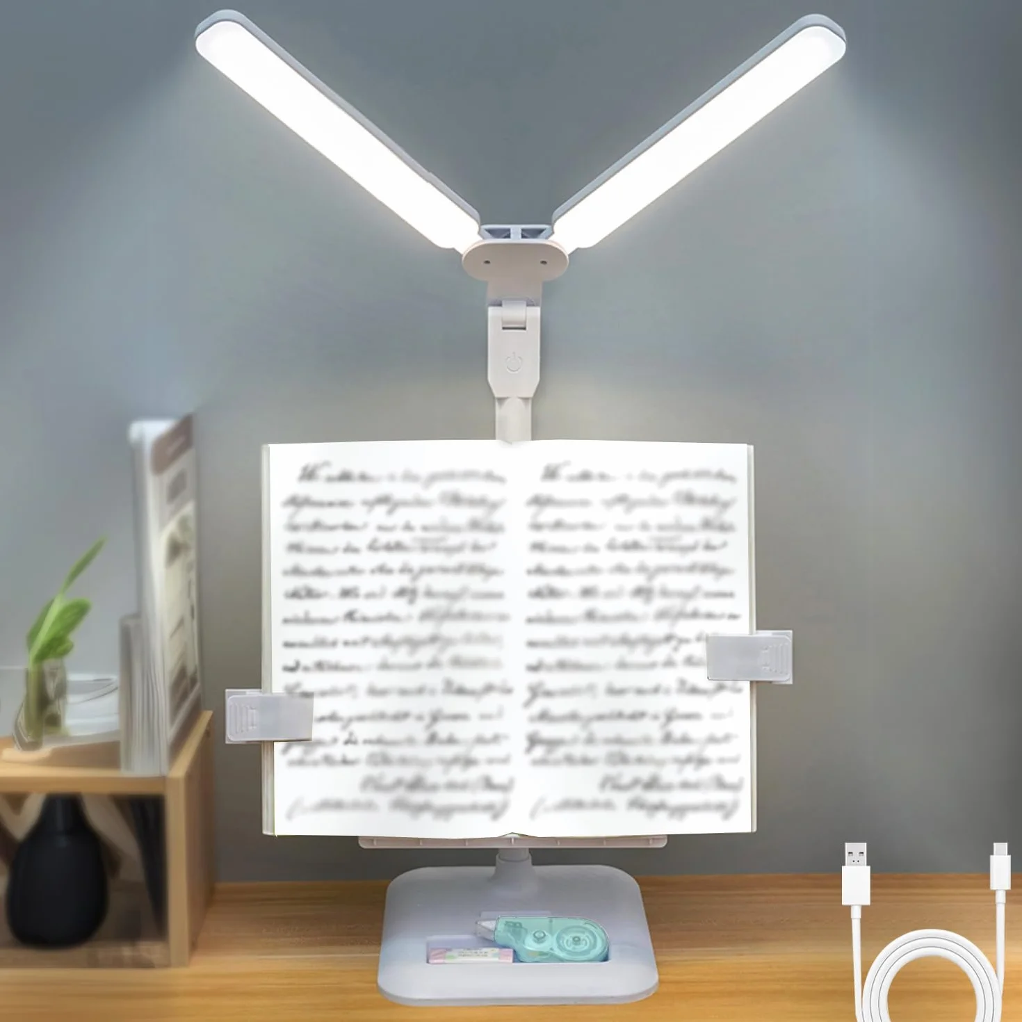 KZT Lampa biurkowa LED z podwójną głowicą, akumulatorowa/bezprzewodowa lampa stołowa, 3 bezprzewodowe ściemnianie jasności, lampka nocna, przenośna składana, lampa dotykowa, do czytania, nauki