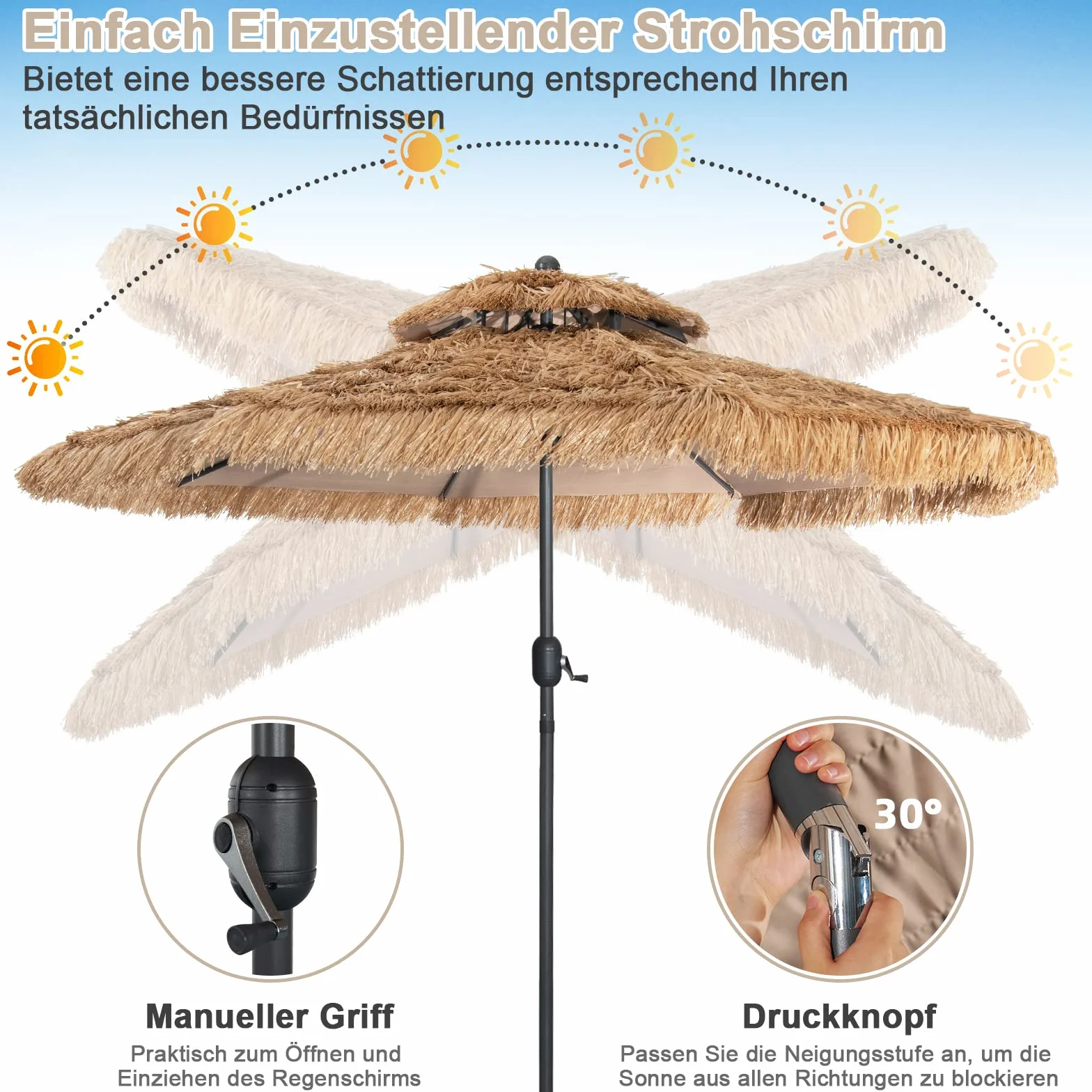 COSTWAY Hawaii parasol przeciwsłoneczny, 270 cm, Podstawa parasola nie jest dołączona, słomkowy parasol z podwójnym dachem, parasol ogrodowy, odchylany, słomkowy parasol plażowy