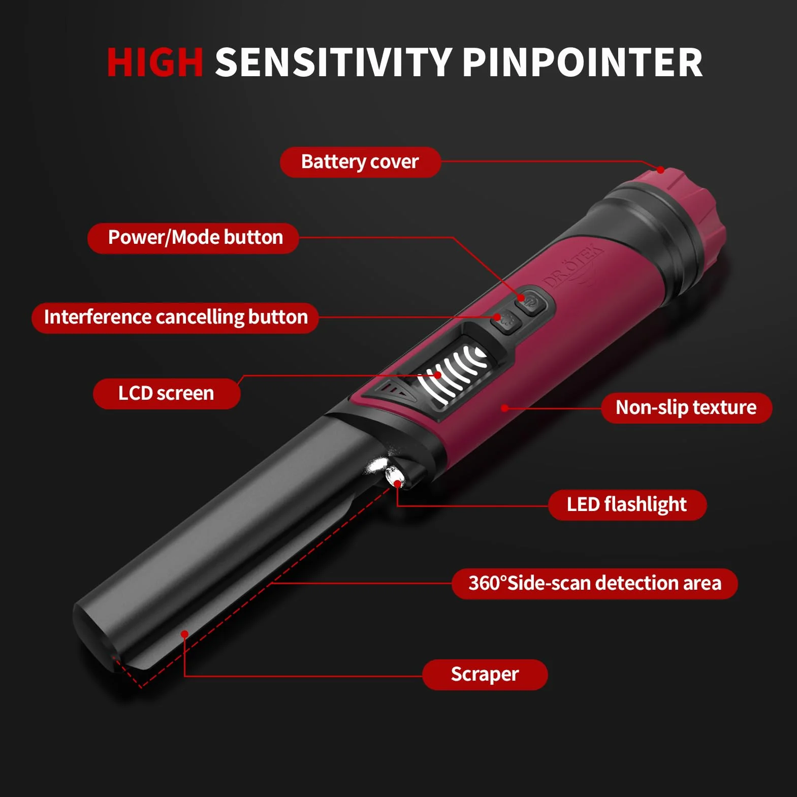 DR.ÖTEK Pinpointer Wykrywacza Metali, w Pełni Wodoodporny Ręczny Pin Pointer IP68 z Ekranem LCD, Innowacyjna Funkcja Usuwania Zakłóceń, Wyższa Czułość, 3 Tryby Ostrzegania, Czerwony