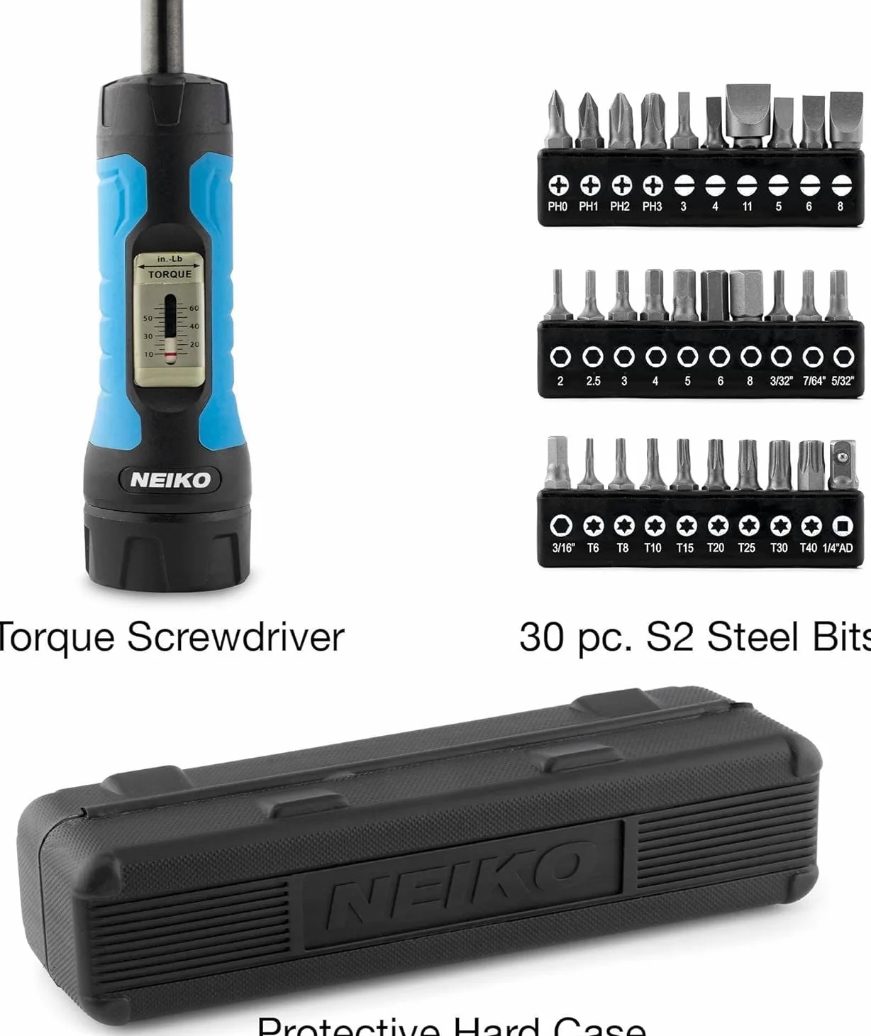 Neiko 10574A Zestaw wkrętaków z kluczem dynamometrycznym 1/10,2 cm, 30 sztuk bitów Philips, Hex, szczelinowych i Torx, zakres regulacji momentu obrotowego od 25 do 154 cm, celność broni palnej i