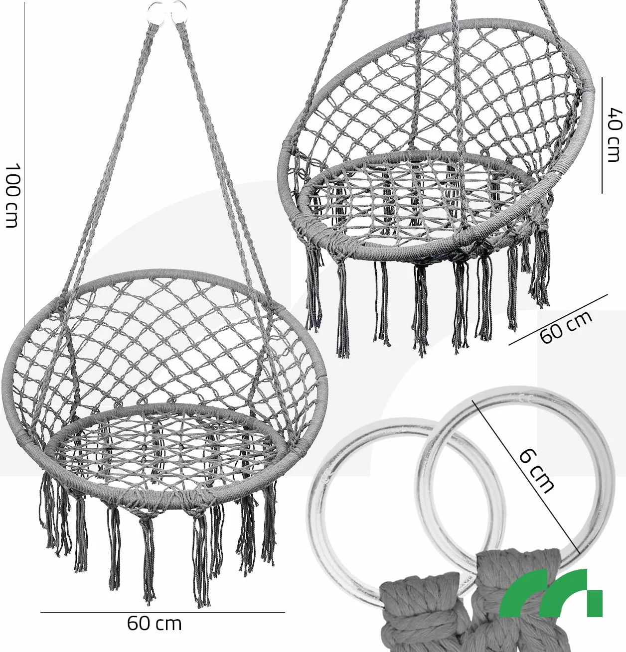 MalTec Fotel wiszący, huśtawka ogrodowa, gniazdo bociana, tkane siedzisko, jasnoszary, do zawieszenia, obciążenie do 150 kg, do użytku wewnątrz i na zewnątrz