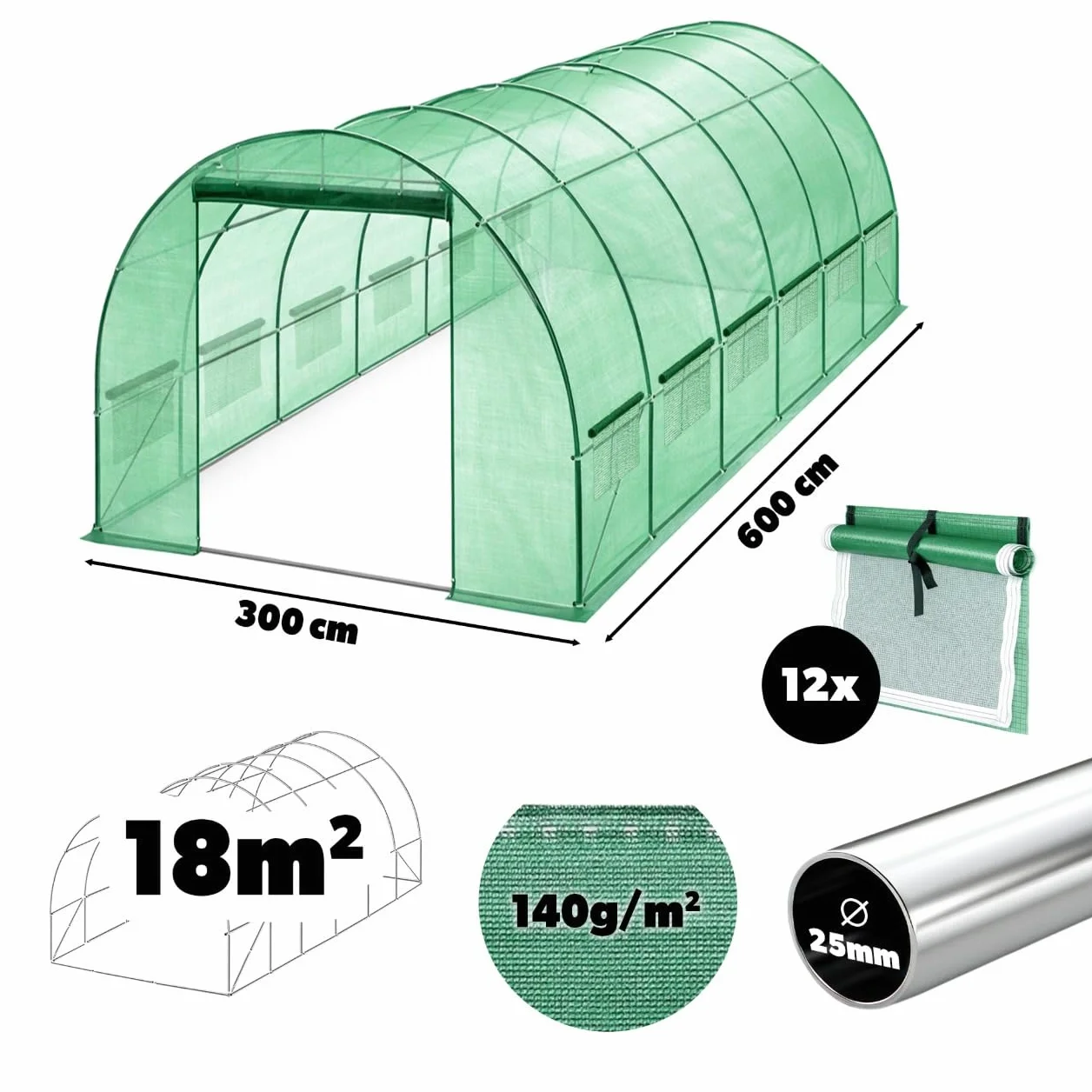 KADAX Szklarnia 6x3 m, ocynkowana rama stalowa, folia PE, tunel foliowy na pomidory
