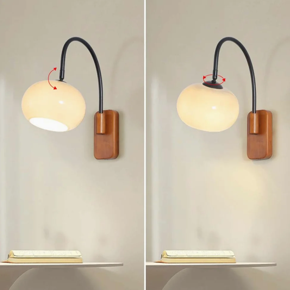 Drewniana lampa ścienna, regulowana, wewnętrzna, retro, ścienna lampa E27, obrotowa, vintage, industrialna lampka nocna z okrągłym szklanym kloszem, lampa ścienna do czytania, do sypialni, salonu, ho