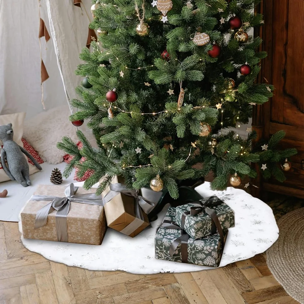 RANJIMA koc pod choinkę, koc pod choinkę 90 cm, duży, ze sztucznego futra, śnieżynka, okrągły, mata pod choinkę, podkładka pod choinkę, dywan pod choinkę, koc pod choinkę na dekorację świąteczną