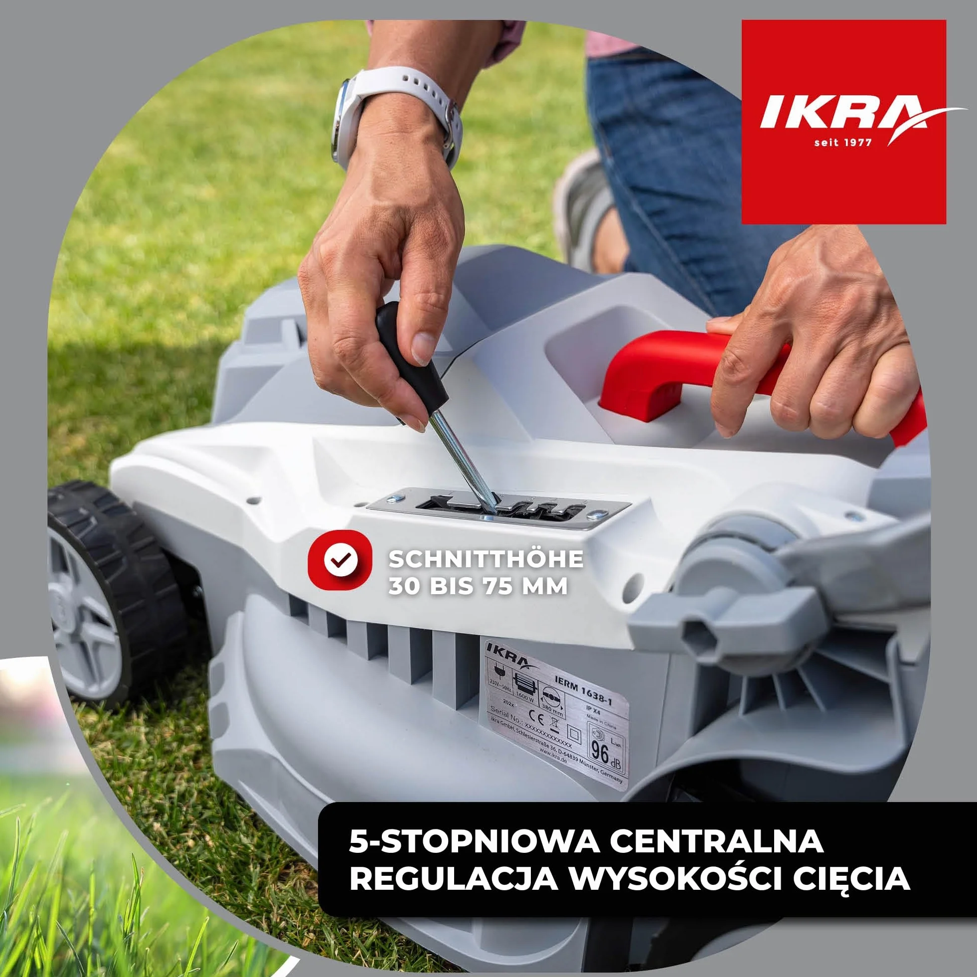 IKRA kosiarka elektryczna IERM 1638 1600W 38cm wysokość koszenia 30-75mm