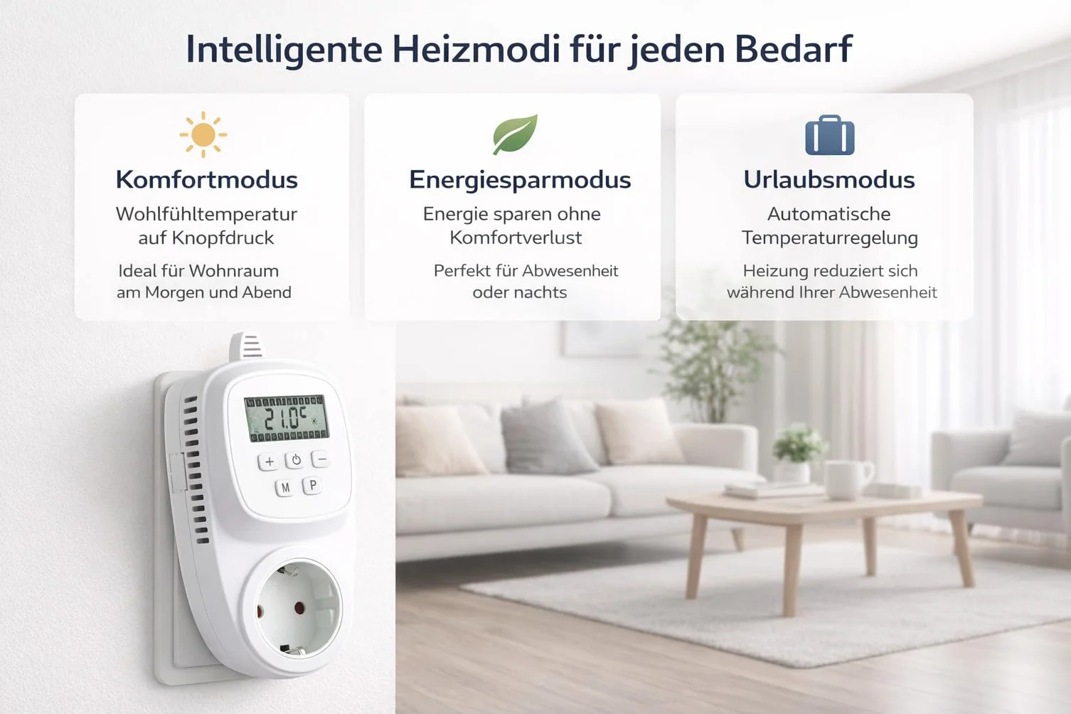 VIESTA® TH12 termostat gniazdkowy, programowalny, 7 dni, 230 V / 16 A / 3600 W, 5–35°C, 0,5°C, wyświetlacz LCD, pamięć EEPROM, ochrona przed zamarzaniem, do ogrzewania elektrycznego, paneli grzewczych