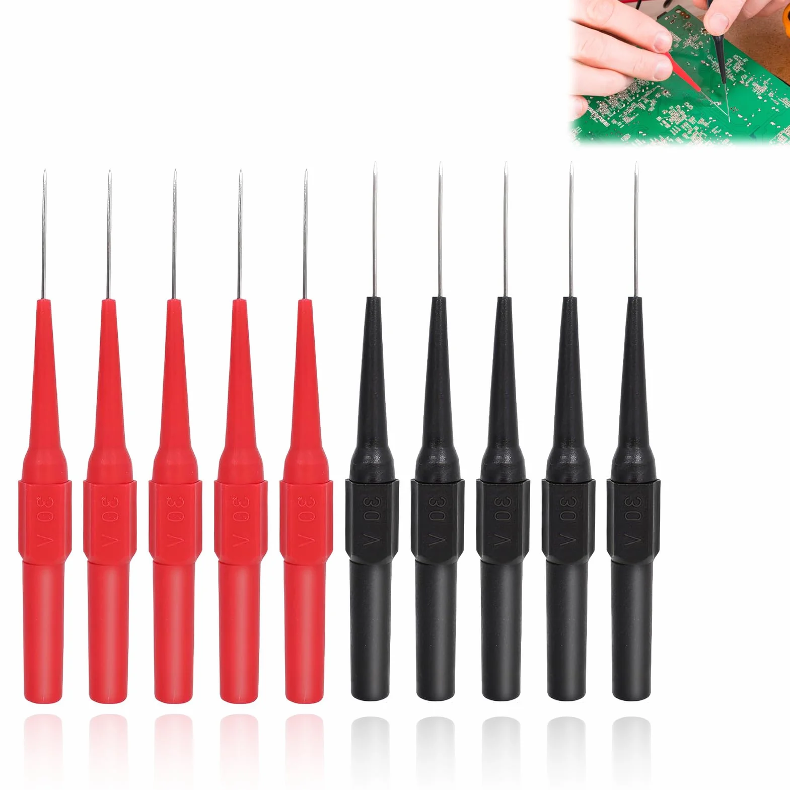 Zestaw 10 sond testowych multimetru 0,7 mm, profesjonalna końcówka kluczykowa z ochronnym etui czerwonym i czarnym, stal nierdzewna do motoryzacji DIY złącze 4 mm, trwałe i precyzyjne