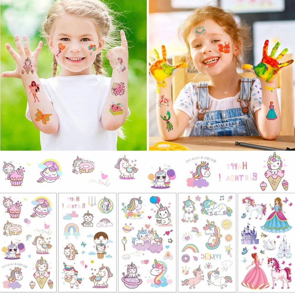 AOOWU Tymczasowy tatuaż dla dzieci, 60 arkuszy, syrenka, jednorożec, księżniczka, zwierzę, dinozaur, kreskówka, tatuaż, wodoodporne, kreskówkowe, sztuczne tatuaże, zestaw dla chłopców, dziewcząt