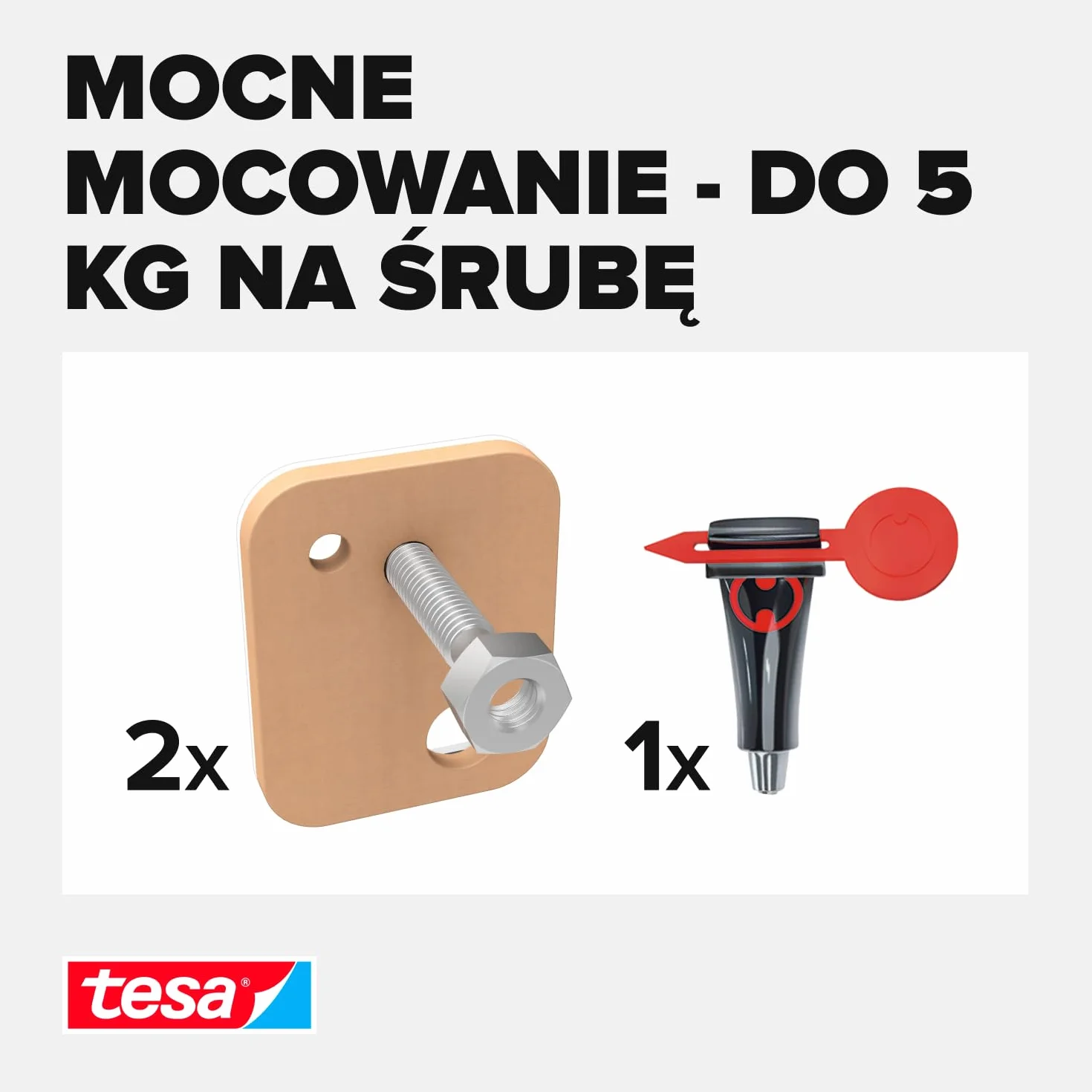 tesa Śruba klejąca do muru i kamienia, moc trzymania 5 kg, czworokątna, 2 sztuki