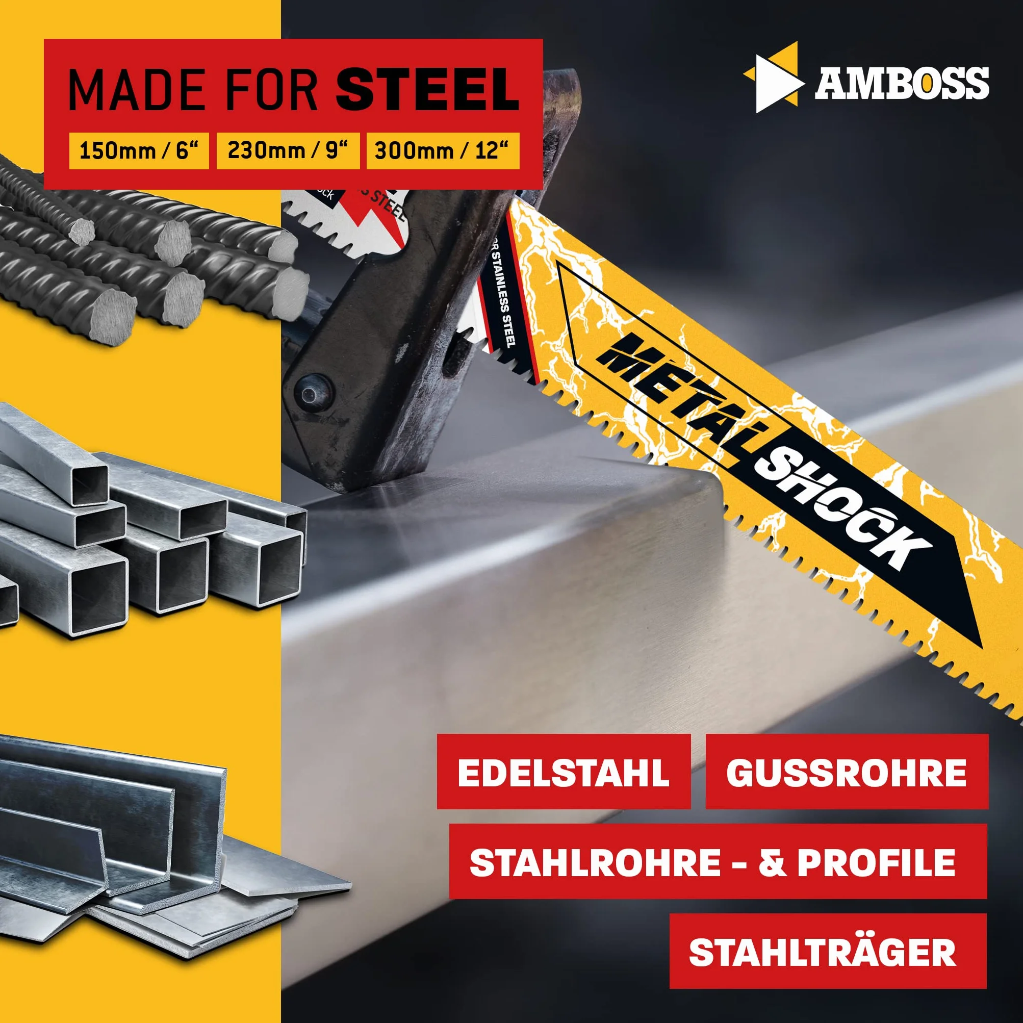 AMBOSS METAL SHOCK - 10 x brzeszczot do piły szablastej długość 230 mm / 10 ZpZ - idealny do odrywania/ montażu / demontażu/budowy rur - nadaje się do stali nierdzewnej oraz stali (rury/profile/nośniki) oraz rur żeliwnych