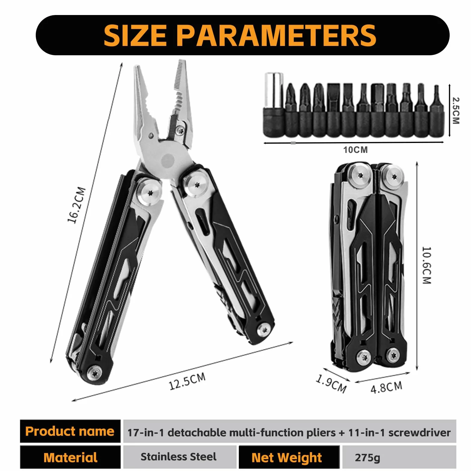 Multitool 28 w 1: kombinerki i 11 końcówek Materiał ze stali nierdzewnej