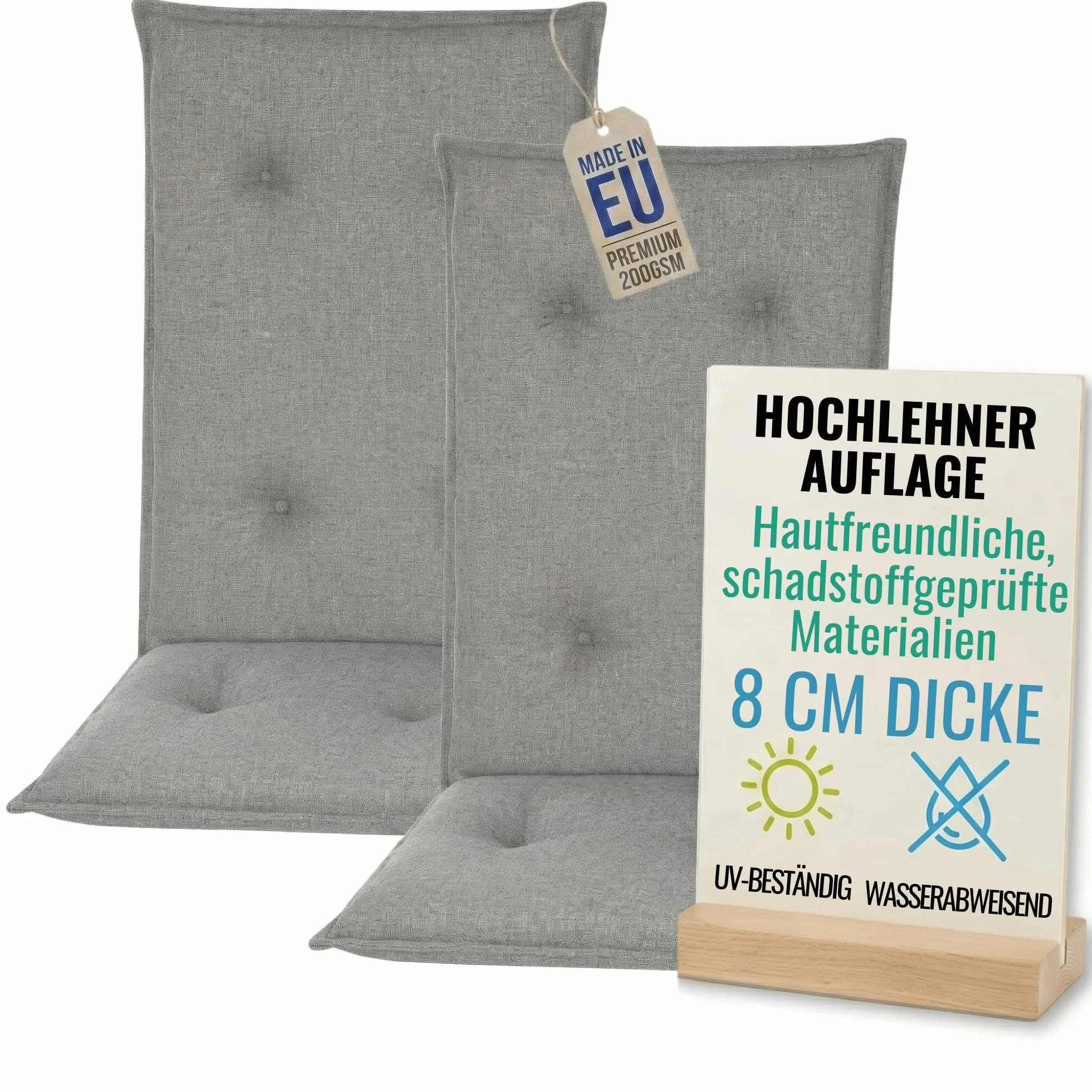 Poduszka na krzesła ogrodowe z wysokim oparciem 120x50cm 8cm Grubości Premium Materiał 200gsm Odporne na UV i wodę Pikowane siedziska z gumką Ciemnoszary