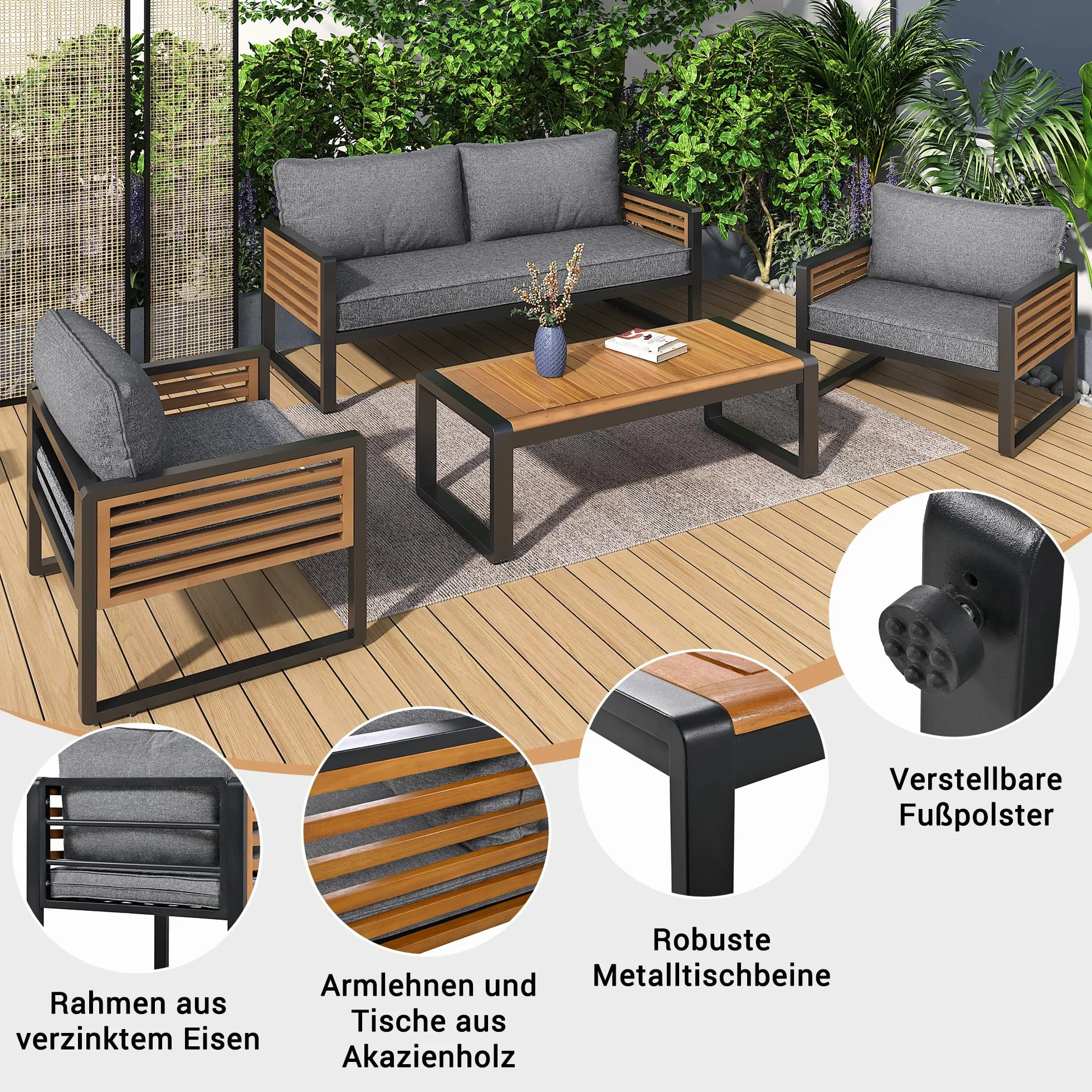 Zestaw mebli ogrodowych z ocynkowaną ramą żelazną, 8-częściowy zestaw stołów do jadalni, 2 x 2-osobowa sofa, 4 pojedyncze krzesła, 2 x stół, dekoracyjne podłokietniki z drewna (szary A, 8