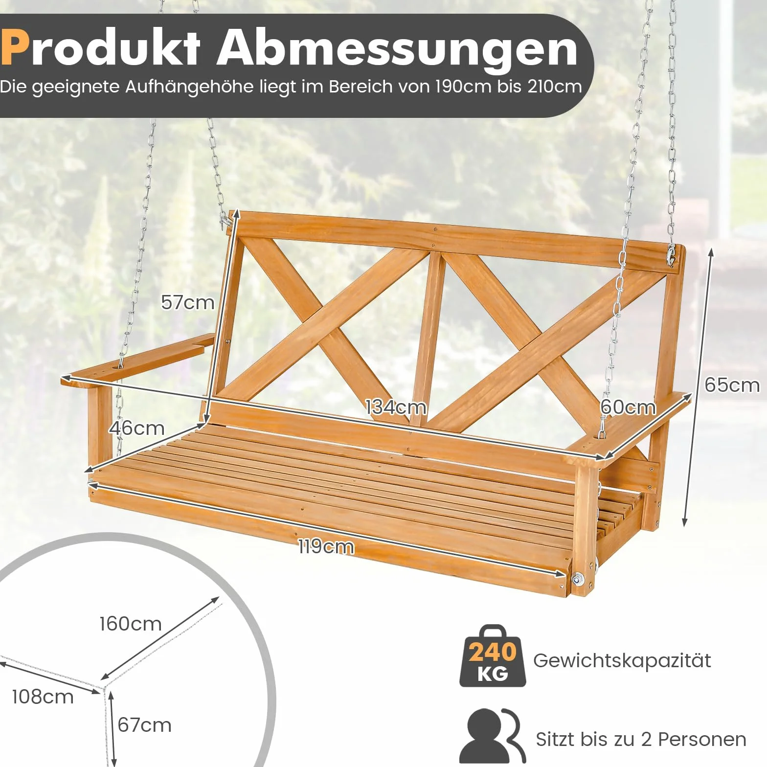 COSTWAY Ławka wisząca z litego drewna 2-osobowa huśtawka ogrodowa 240 kg 134 x 60 x 65 cm naturalna
