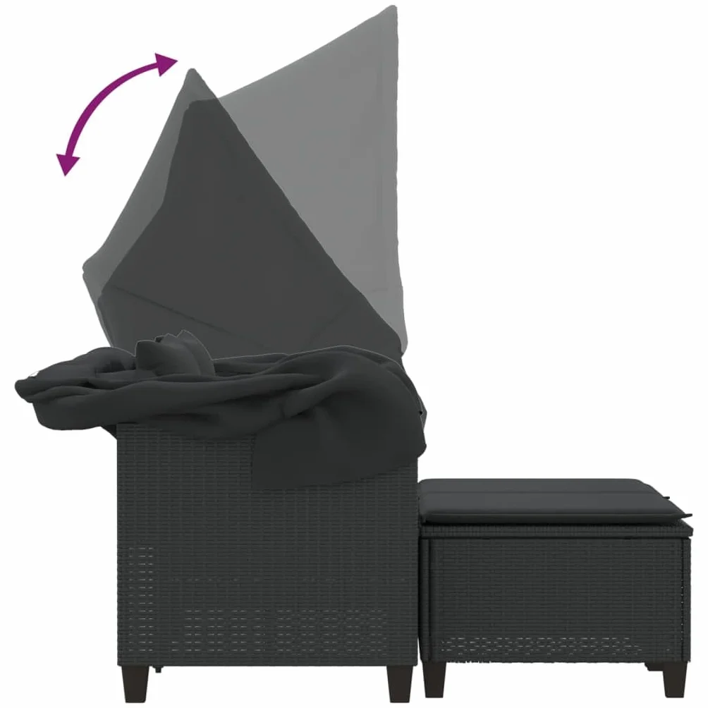 vidaXL 2-os. sofa ogrodowa z daszkiem i podnóżkami, czarna, rattan PE