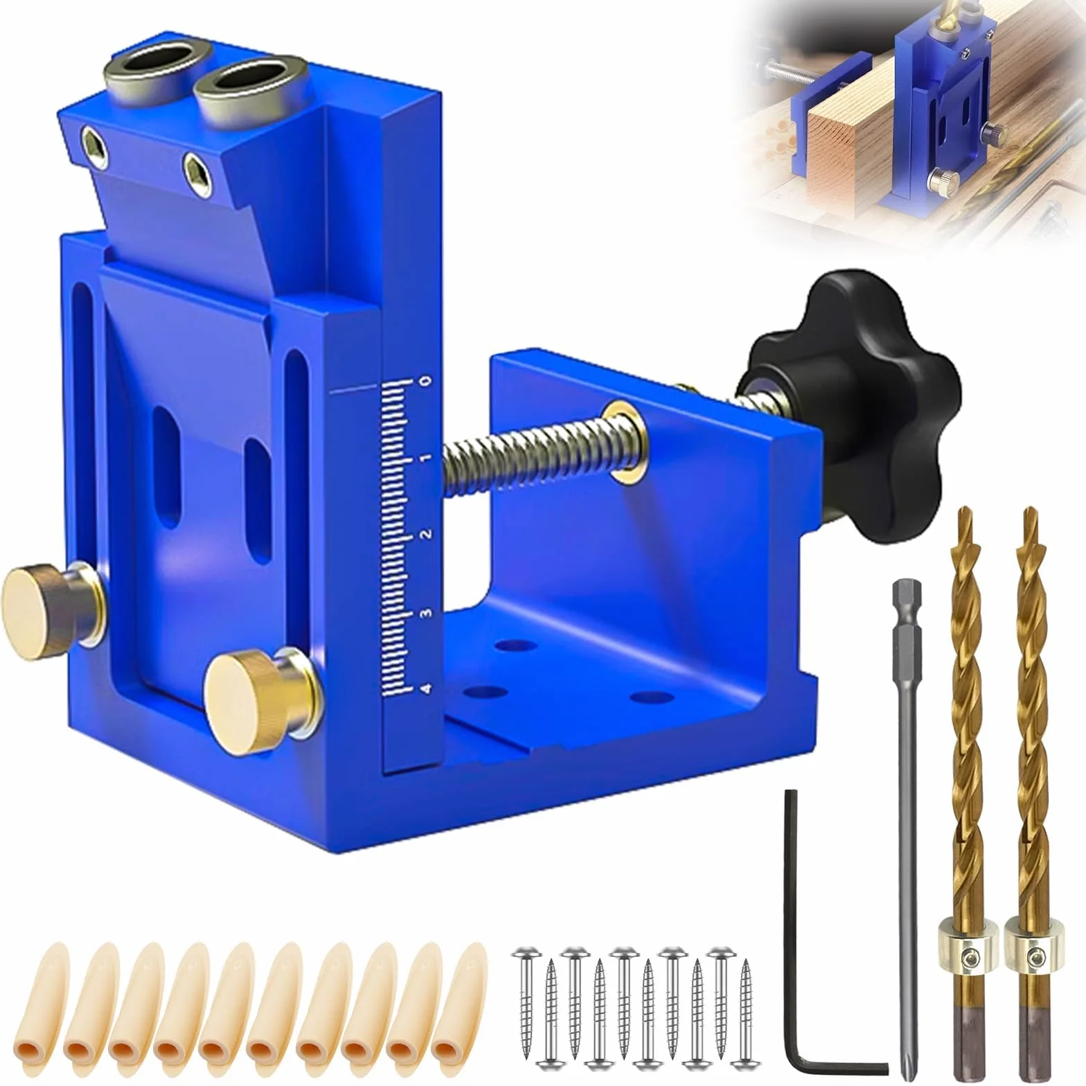 Regulowany szablon do wiercenia otworów kieszonkowych z drewnianymi kołkami, niebieski szablon do wiercenia otworów skośnych do budowy mebli, zestaw Pocket Hole Jig, pomoc do kołkowania, szablon