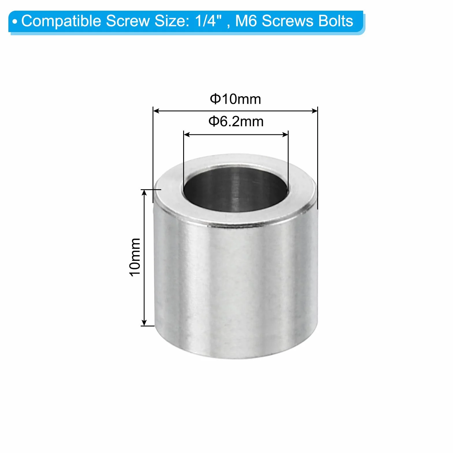 PATIKIL Podkładki dystansowe ze stali nierdzewnej M6, 5 szt. metalowa przekładka ze stali nierdzewnej 6,2 mm ID x 10 mm OD x 10 mm L dystansowa śruba okrągła do śrub 1/4" lub M6