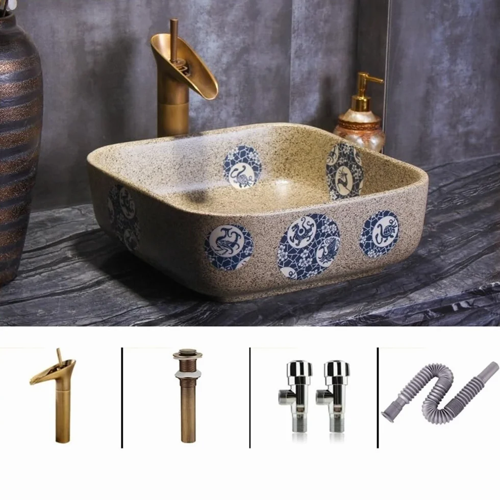 Umywalka łazienkowa ceramiczna umywalka nablatowa w stylu retro, umywalka (akcesoria w zestawie) umywalka
