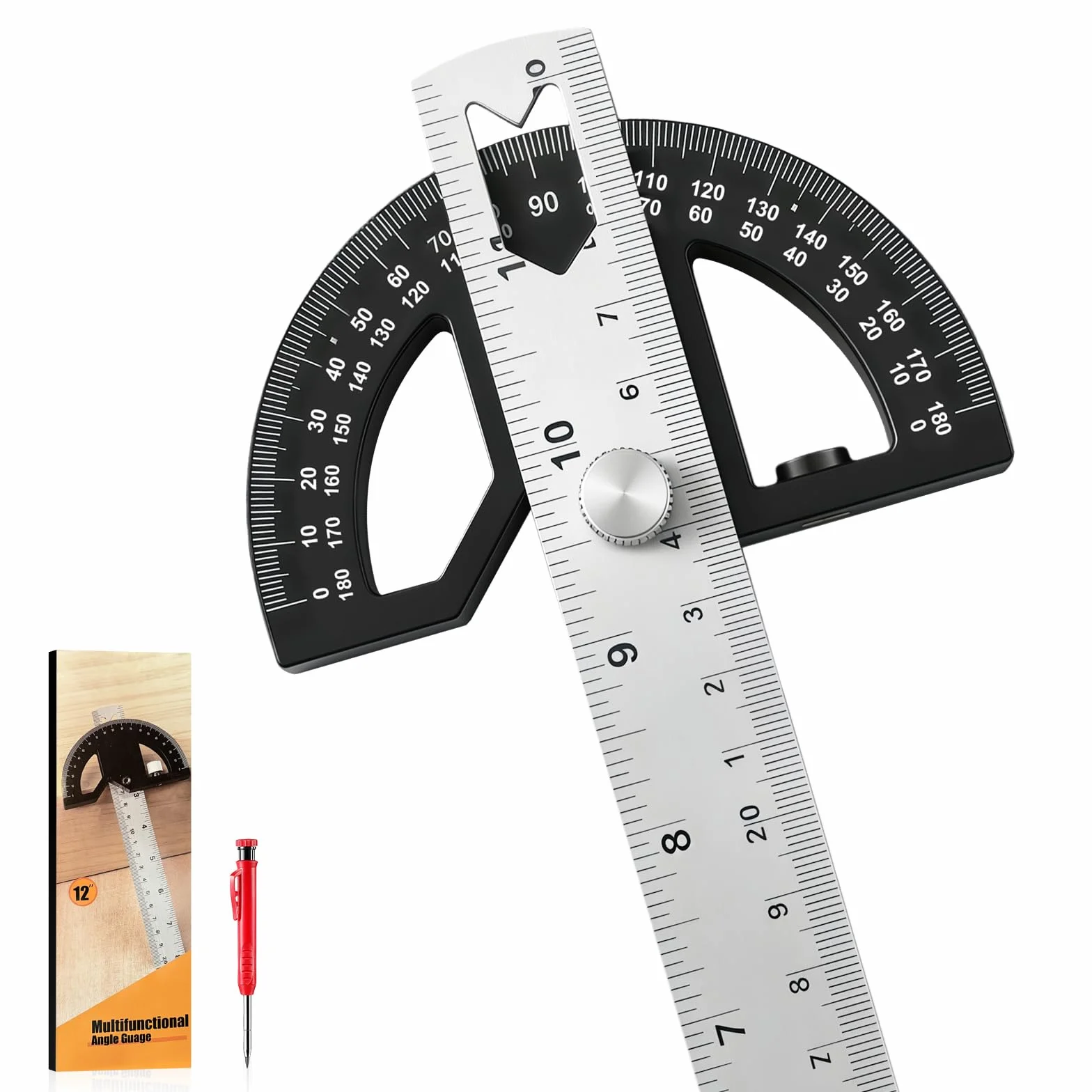 Flintronic Linijka kątowa do obróbki drewna, kątomierz z 300 mm linijką do znakowania ze stali nierdzewnej, linijka do obróbki drewna do rysowania okręgów, oznaczania linii, pomiaru długości