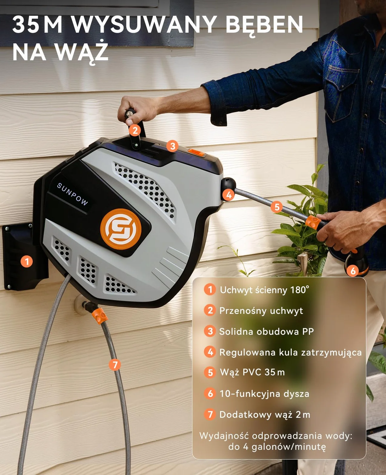 SUNPOW Bęben na wąż ścienny RollUp 35 m – automatyczny zwijacz węża ogrodowego z 10-funkcyjną dyszą, montaż na ścianie, obrót 180°, system samowijania i blokada – szary