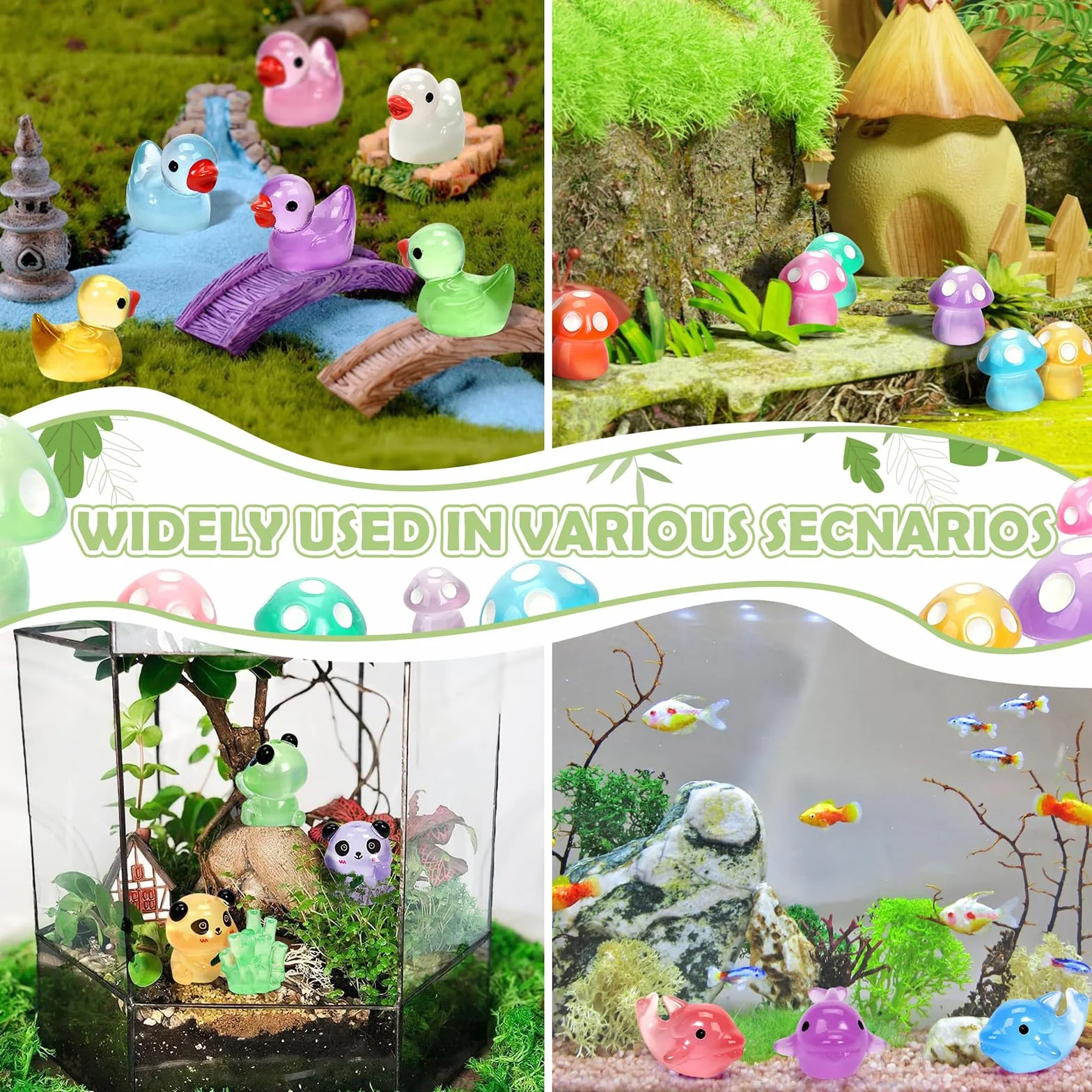 Nayyana 75 sztuk świecących mini kaczek z żywicy, świecące w ciemności, kaczka, panda, delfin, grzyb, 4 zestawy kombinacyjne do ogrodu, mikro-krajobrazu, akwarium, doniczki, dekoracja domku dla lalek