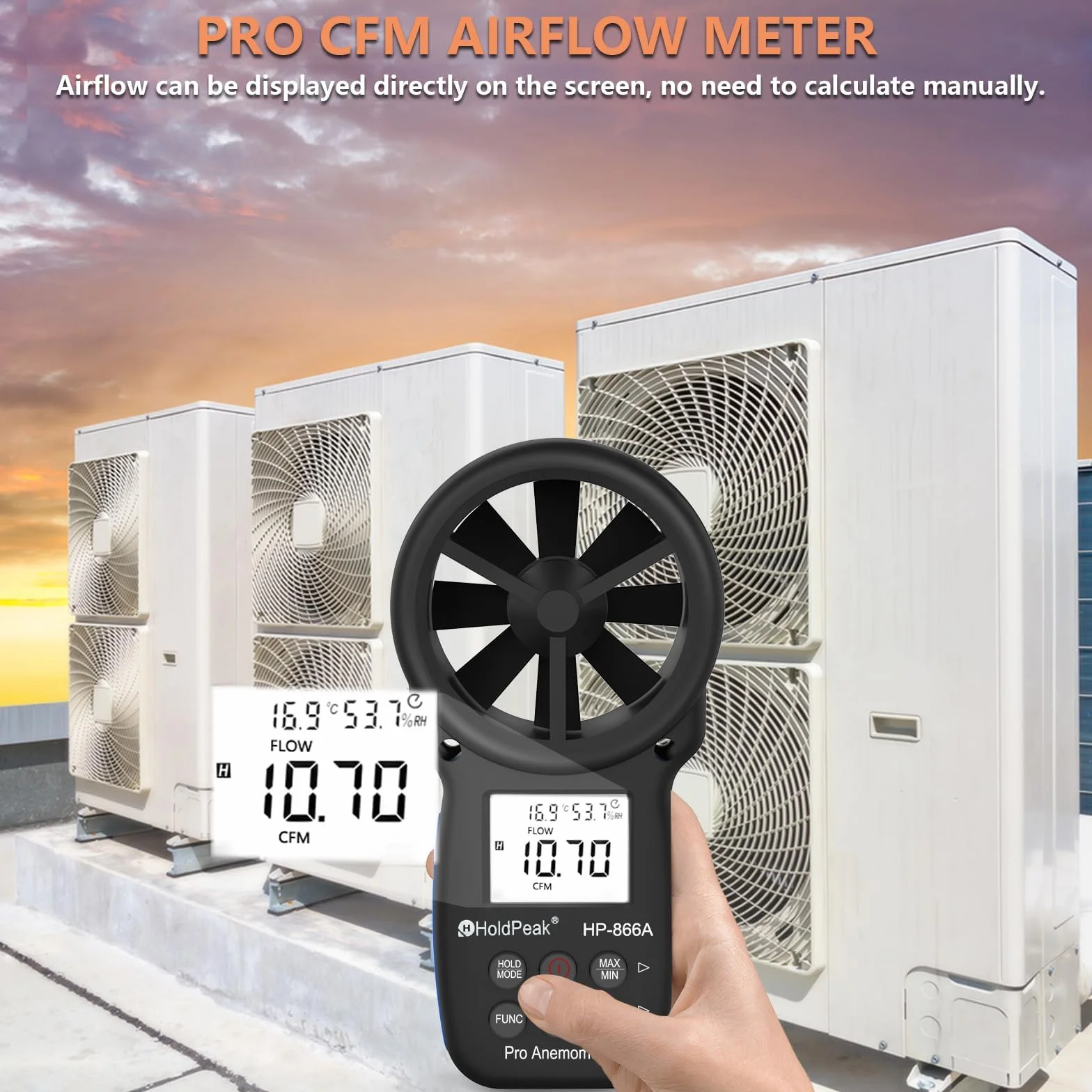 HoldPeak Przenośny cyfrowy anemometr 866A, anemometr VMC m3/h z zapamiętywaniem danych, pomiar przepływu i prędkość powietrza i wilgotność, eksport przez USB