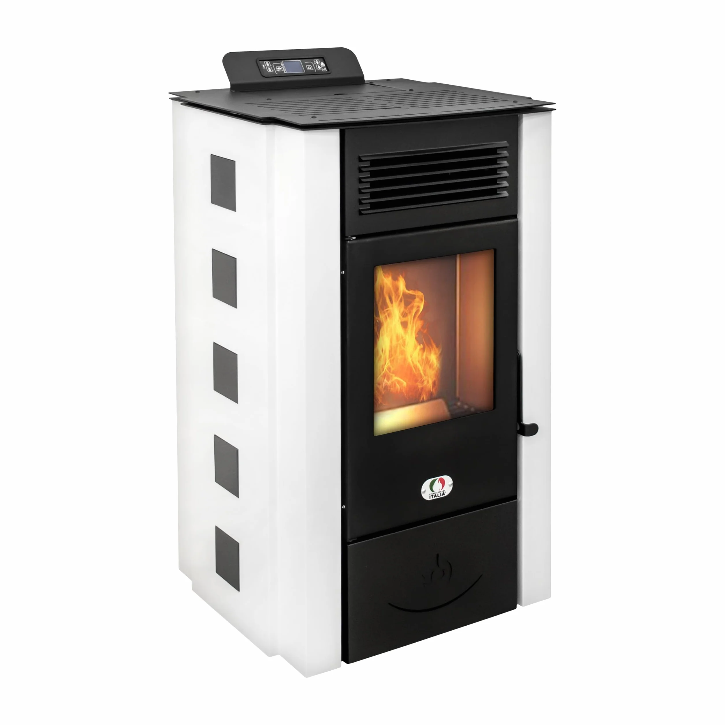 STUFE A PELLET ITALIA Colorado 15 kW | wydajność pieca na pellet 92%, ogrzewa 140 m², autonomia 15 godzin, programowalna, 5 prędkości i poziomów mocy, 24 miesiące , kolor biały