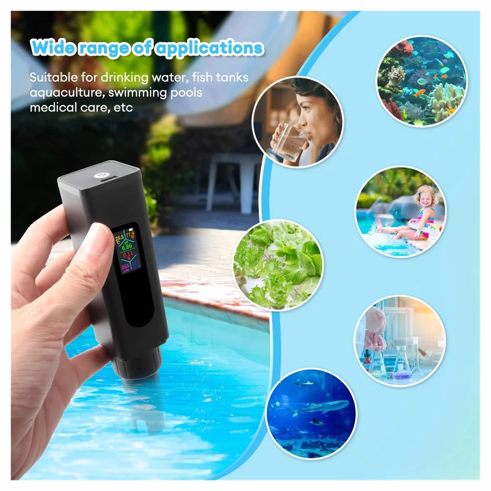 do wody pitnej, akwariów i nie tylko Rechargeable 5 in 1 Salinity/EC/TDS/PH Meter Digital Drinking Water Purity Quality Tester For Aquarium Hydroponics Typ/e-C Charge