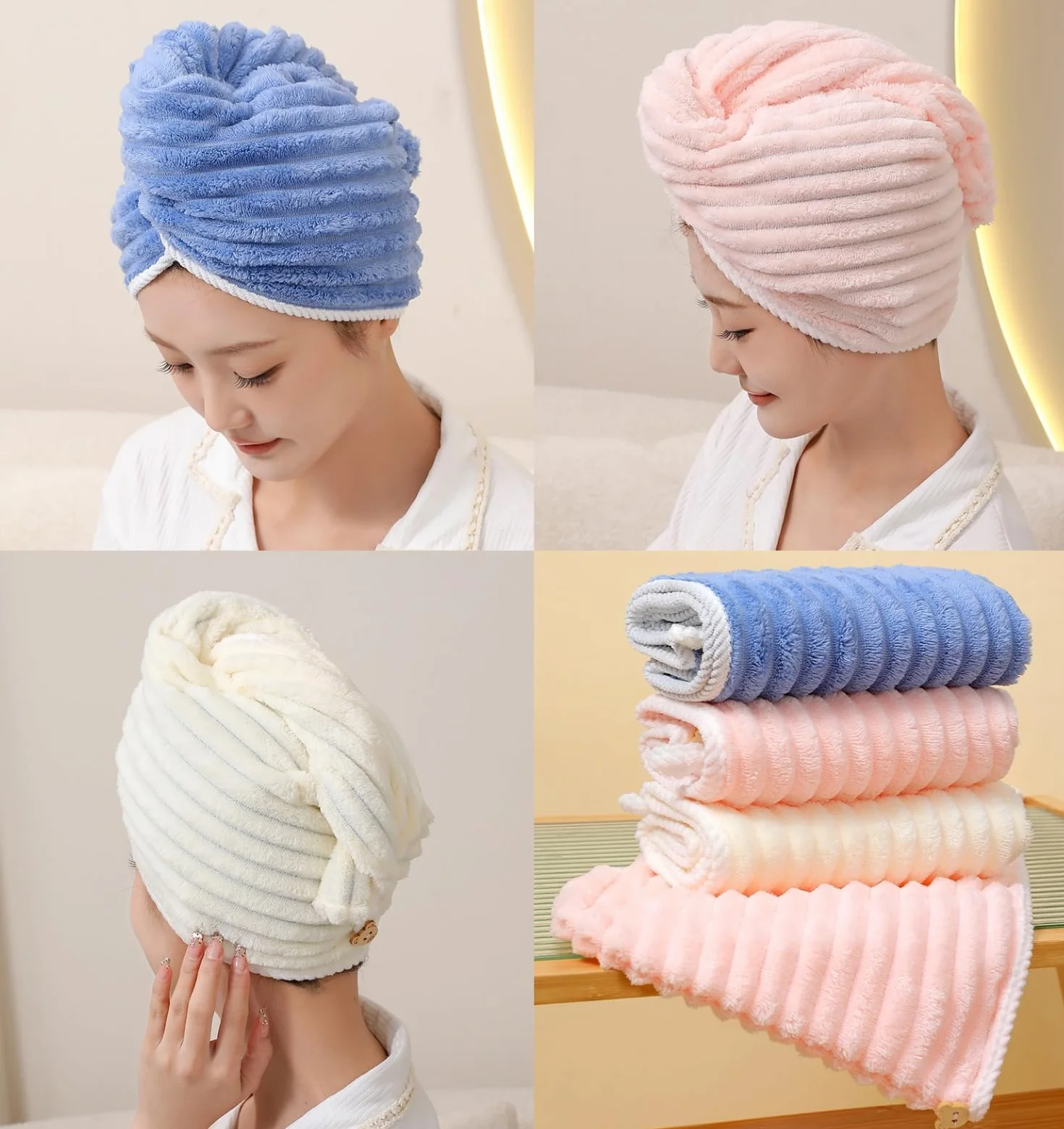 3 sztuki ręczników do włosów z mikrofibry, do suszenia włosów, falowane włosy, turban, super chłonne, skręcony turban, szybkoschnące, z guzikami, szlufka do kąpieli dla kobiet i dzieci
