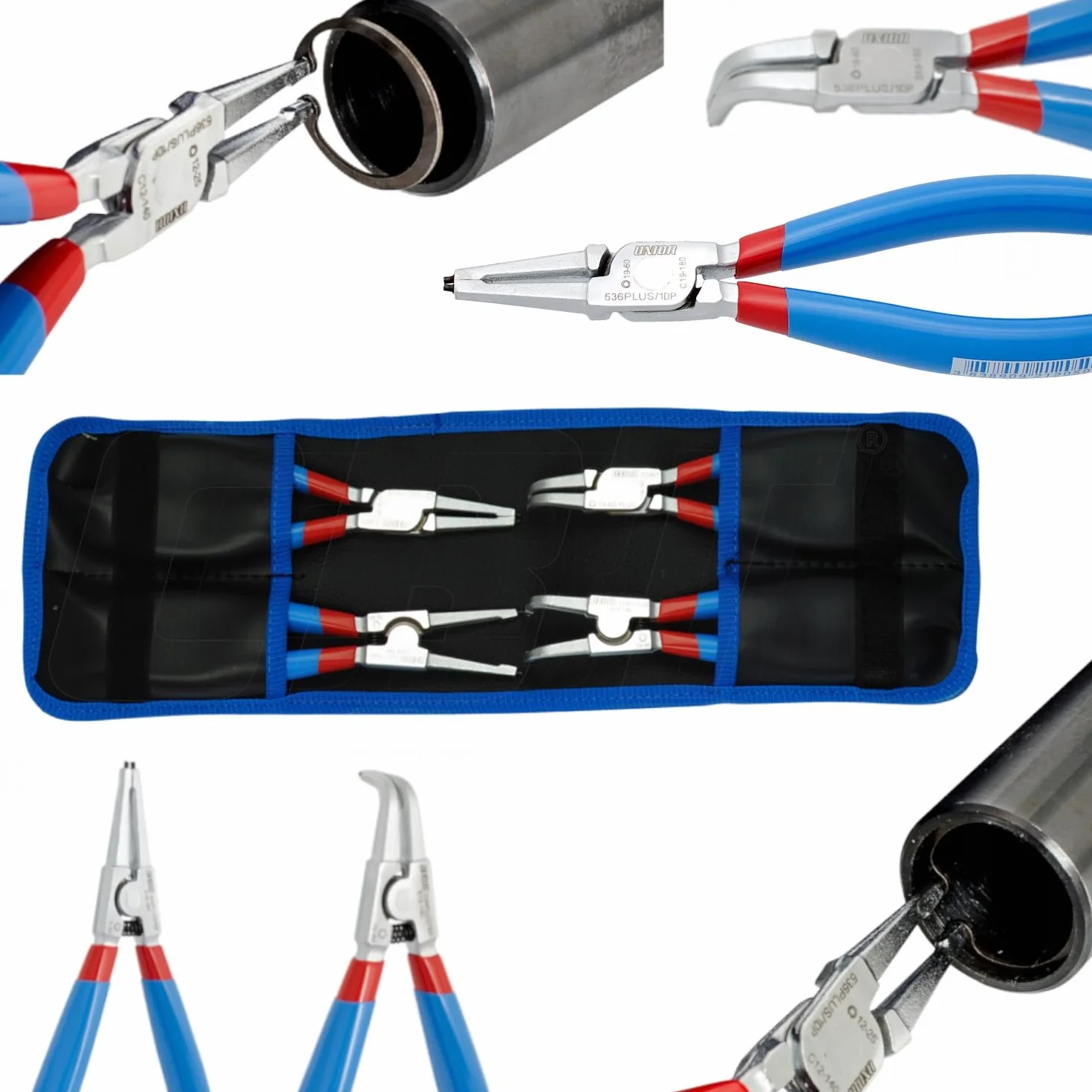 Unior 539PLUS/1DPCT zestaw szczypiec do pierścieni zabezpieczających Plus w torbie, 180 mm