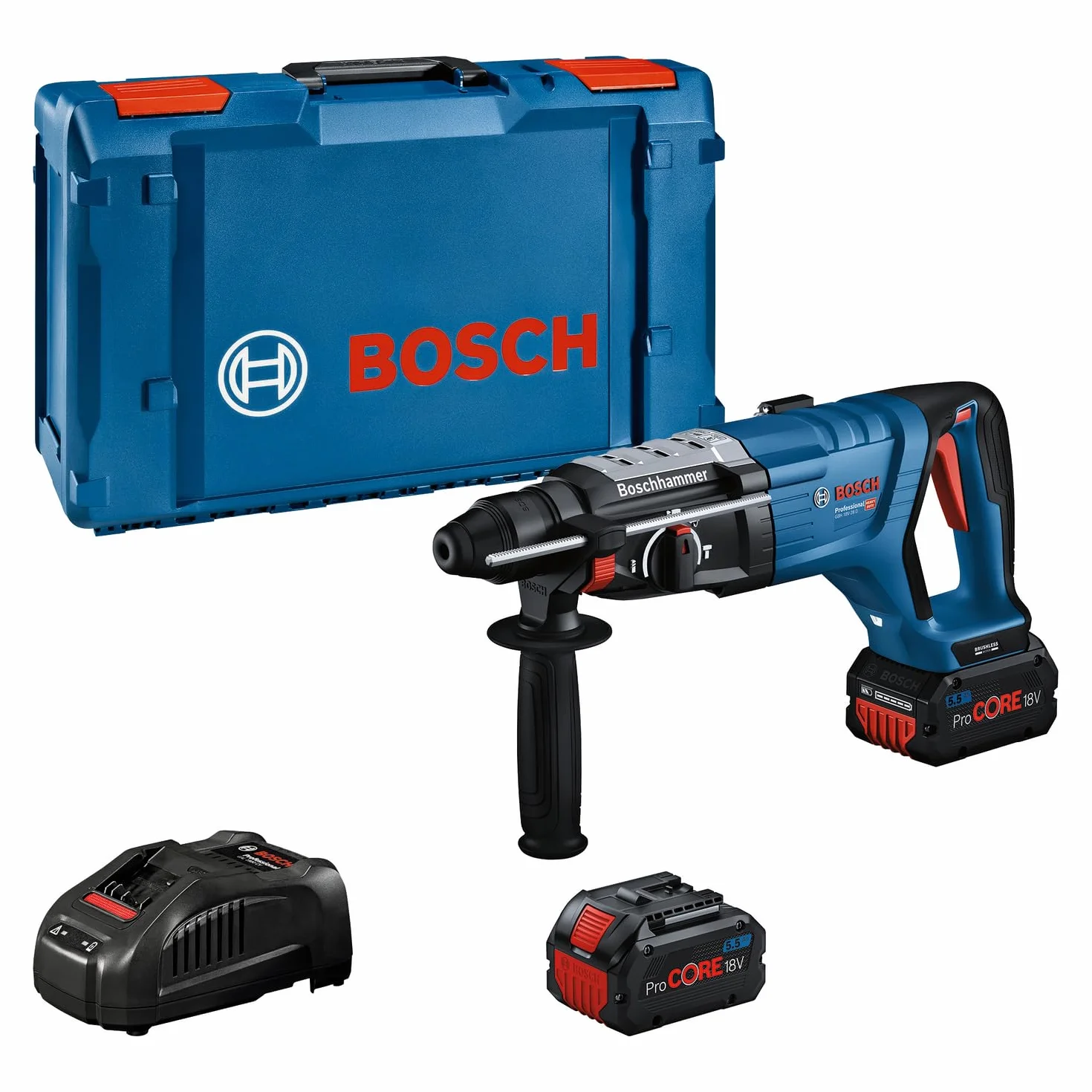 Bosch System profesjonalny 18 V firmy: akumulatorowy młot udarowo-obrotowy GBH 18V-28 D (KickBack Control, 2 akumulatory GBA 18V 5.5Ah, ładowarka GAL 1880, rękojeść dodatkowa, walizka XL-BOXX)