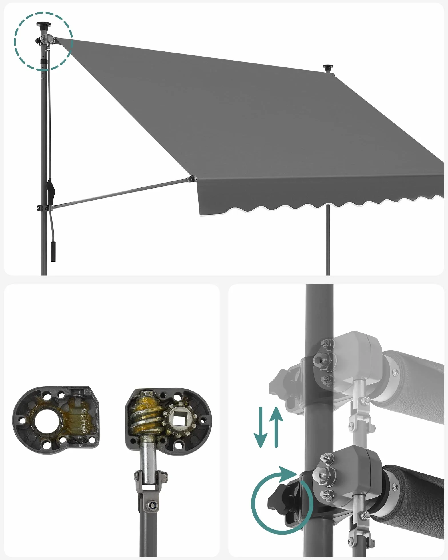 SONGMICS Markiza zaciskowa, 250 x 130 cm, markiza balkonowa z regulacją wysokości, z korbą ręczną, ochrona przed słońcem, na balkon, taras, do ogrodu, antracytowa GSA253G02
