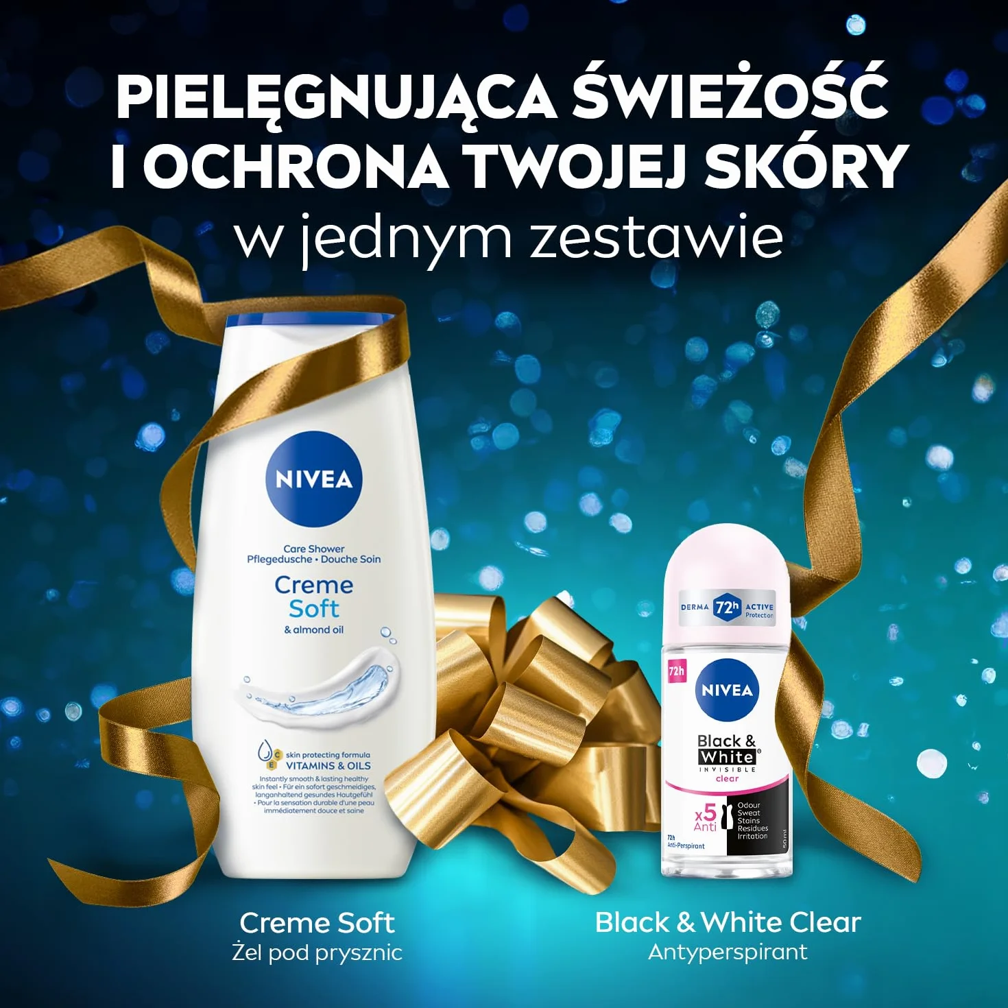 NIVEA Calming Świąteczny prezent - Zestaw kosmetyków dla kobiet do ciała: żel pod prysznic Creme Soft i antyperspirant Black&White