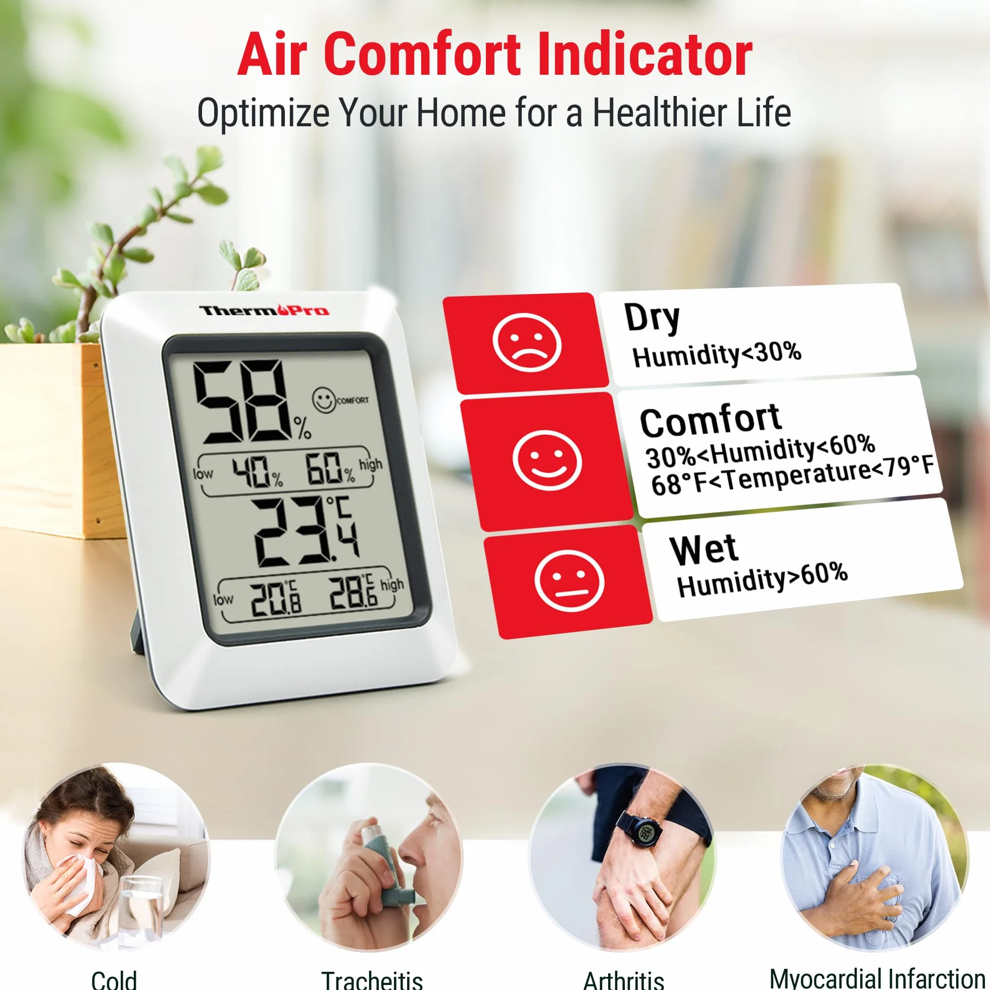 ThermoPro TP50 Cyfrowy termometr z higrometrem do wnętrz z maksymalnymi i minimalnymi temperaturami, wskaźnik wilgotności powietrza i komfortu klimatycznego do domu i biura