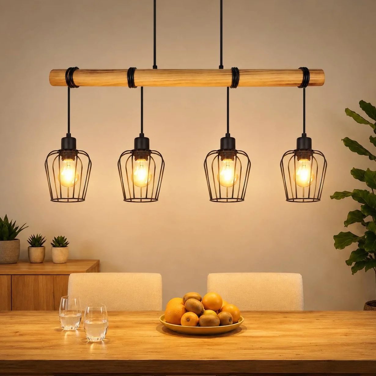 ZMH Lampa wisząca w stylu retro, vintage, 4 żarówki, drewno, lampa do jadalni, lampa wisząca do salonu, industrialne wzornictwo, z reflektorami o regulowanej wysokości, kolor czarny, oprawka: E27 – bez żarówki