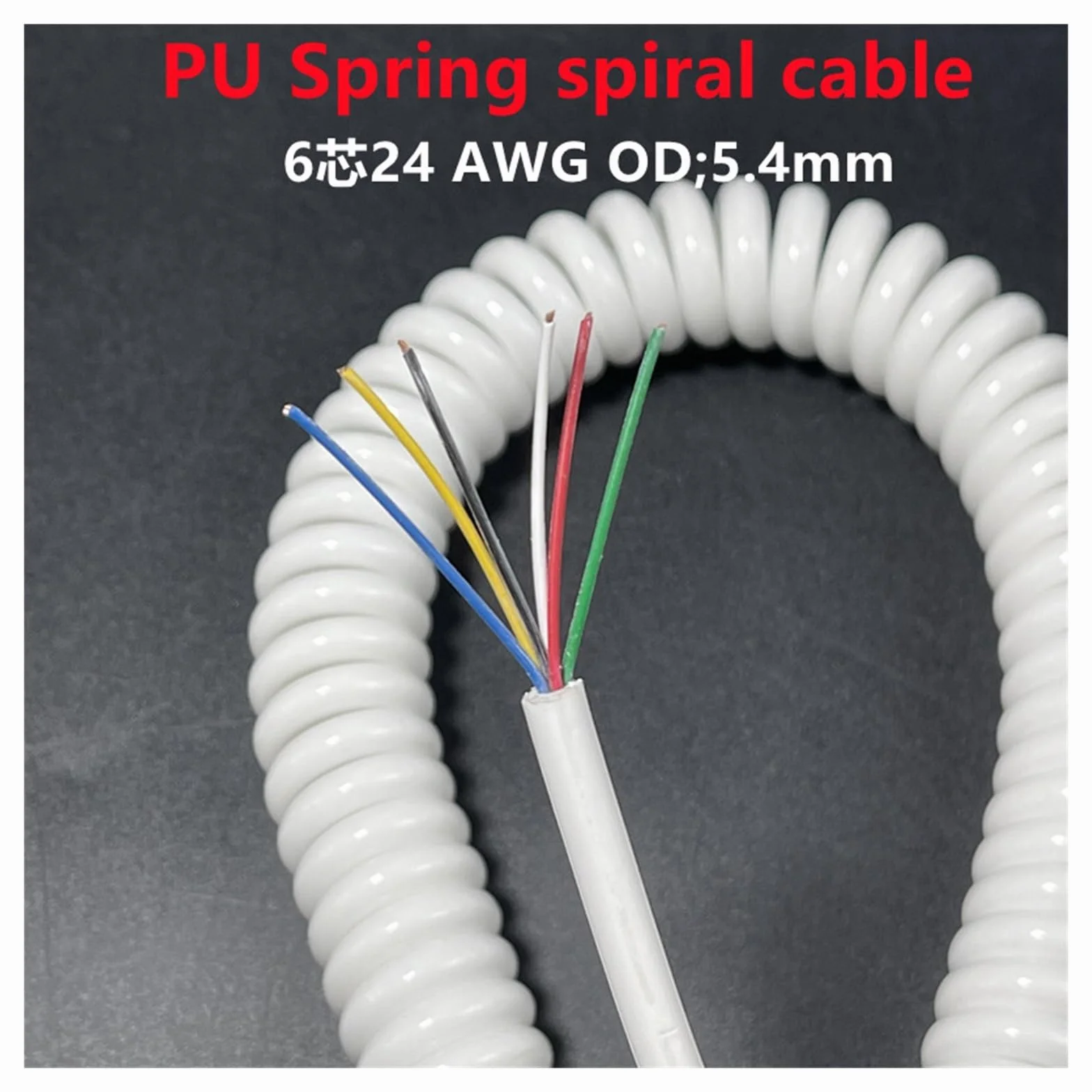 Teleskopowy kabel sprężynowy spiralny | 6-rdzeniowy elastyczny kabel elastyczny biały, 24 AWG, 1-14 m (rozciągliwy 3 metry)