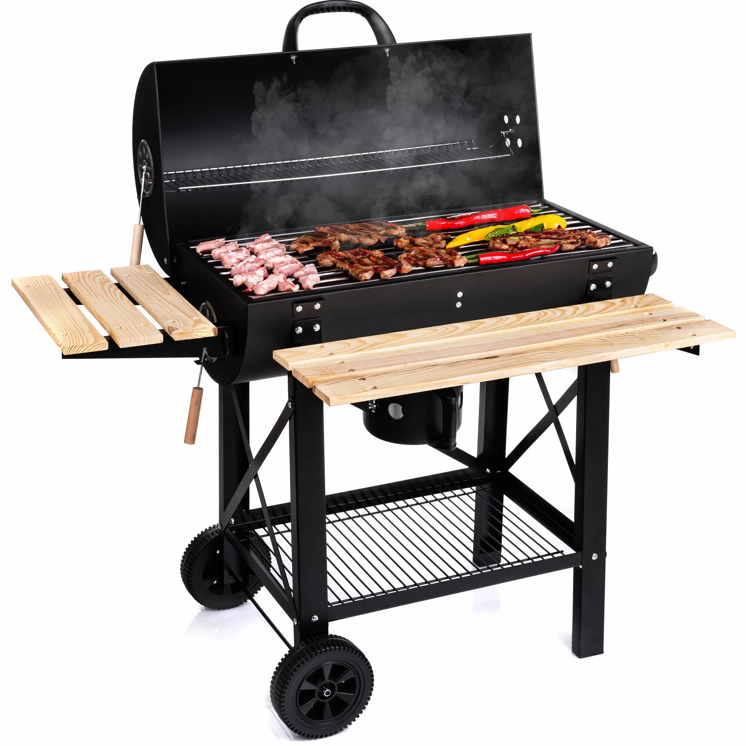 LEHMANN Grill węglowy z rusztem do gotowania, XL, z dwiema drewnianymi półkami, pokrywą, kółkami i nieogrzewanym uchwytem, grill węglowy do ogrodu, na taras, kemping