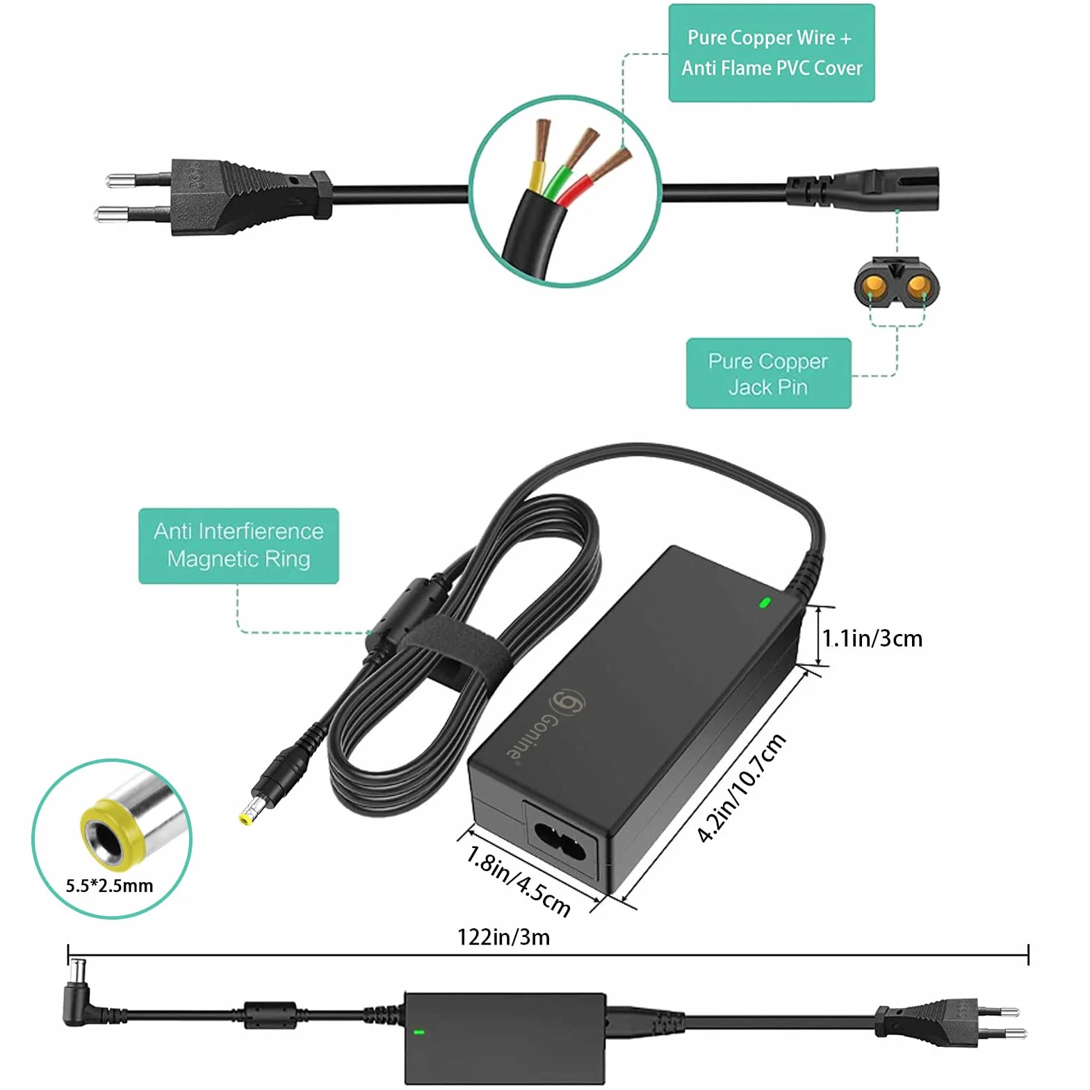 Zasilacz 24 V, 2,5 A, 60 W, DC 24 V, 2,5 A, 2 A, 1,5 A, 1 A, zasilacz przełączający z wtyczką DC 5,5 x 2,5 mm i 10 szt. złącza DC do taśm LED, monitora komputera